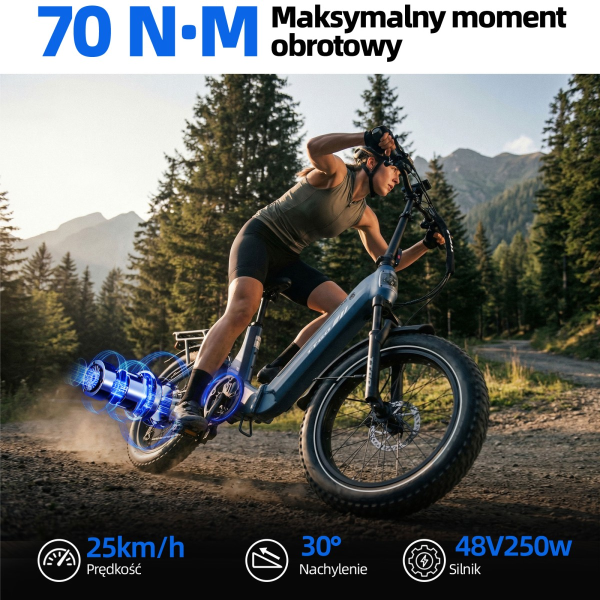 Kobieta jedzie niebieskim rowerem elektrycznym w górzystym lesie. Moment obrotowy 70 Nm.
