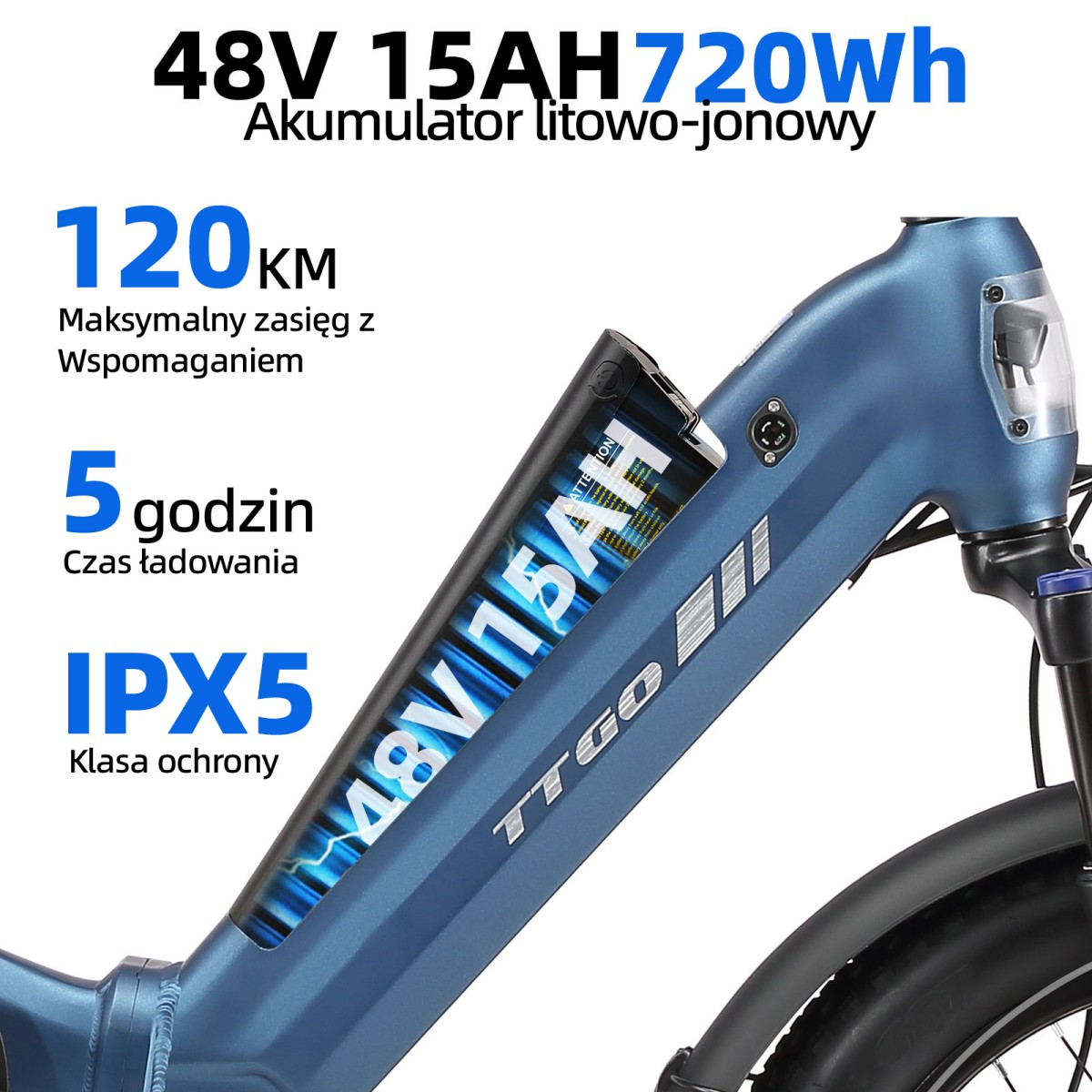 Niebieska bateria e-bike 48V 15AH 720Wh, zasięg 120km, ładowanie 5h, IPX5.