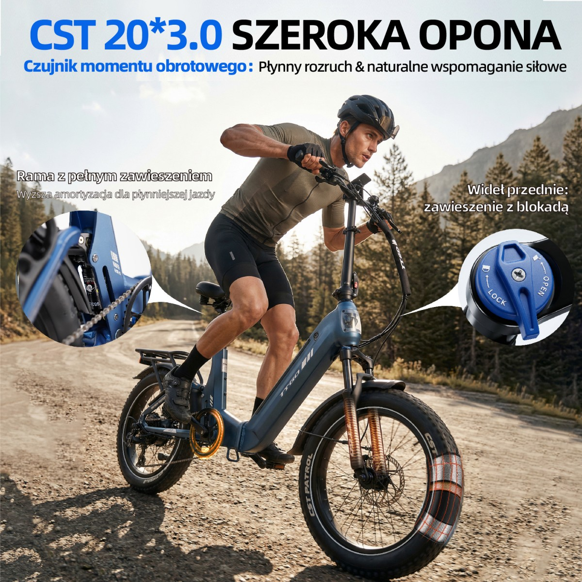 Mężczyzna jedzie rowerem elektrycznym po szutrowej drodze, góry w tle.