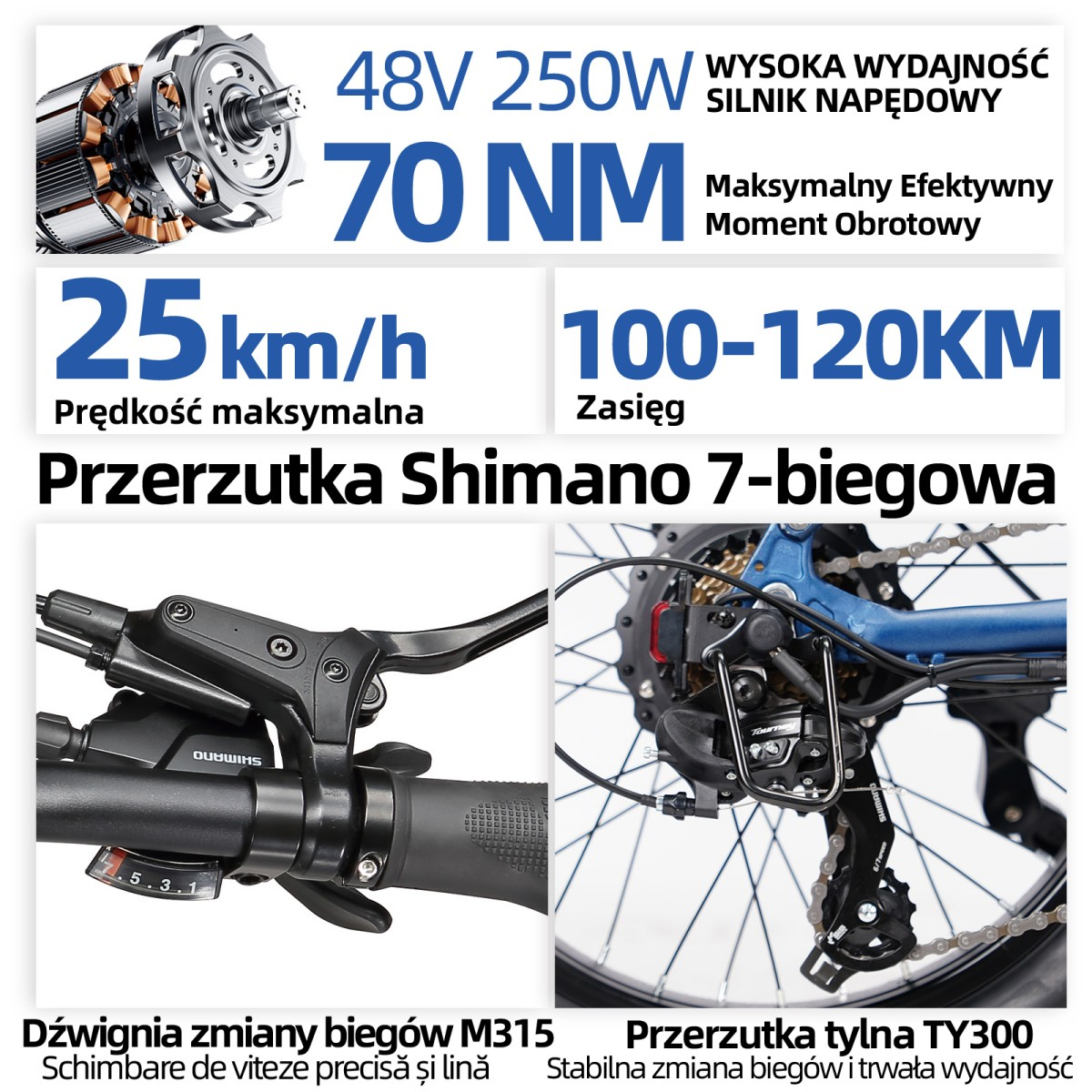 Specyfikacja roweru elektrycznego: silnik 48V 250W, moment 70 Nm, prędkość 25 km/h, zasięg 100-120 km.