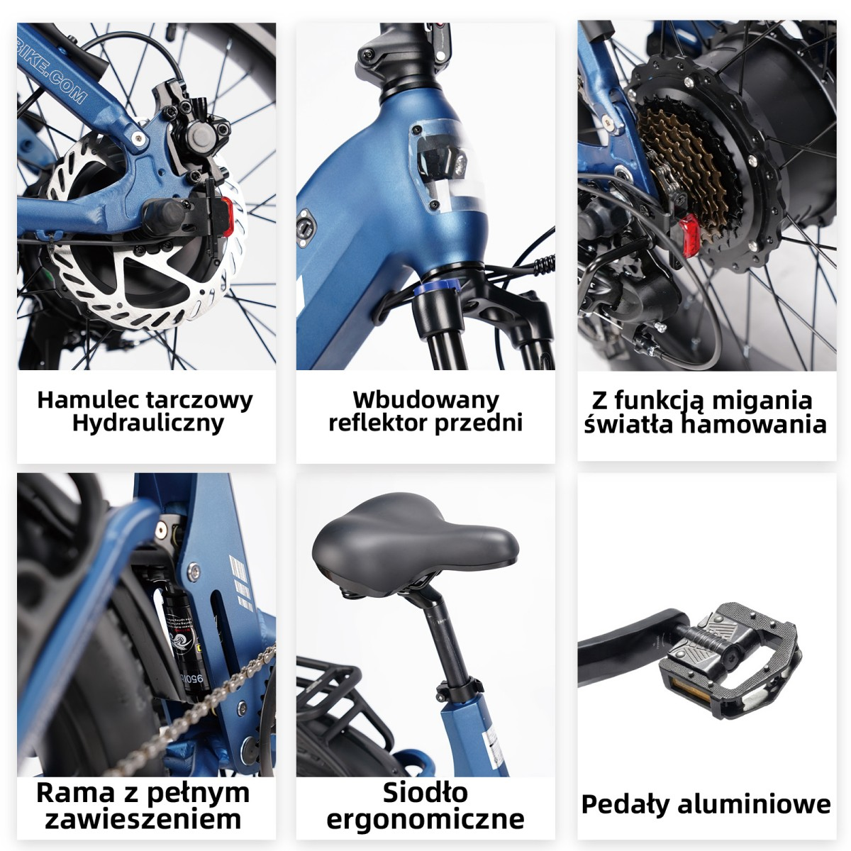 Sześć zdjęć niebieskiego roweru: hamulec tarczowy, przednie światło, światło hamowania, zawieszenie, siodło, pedały.