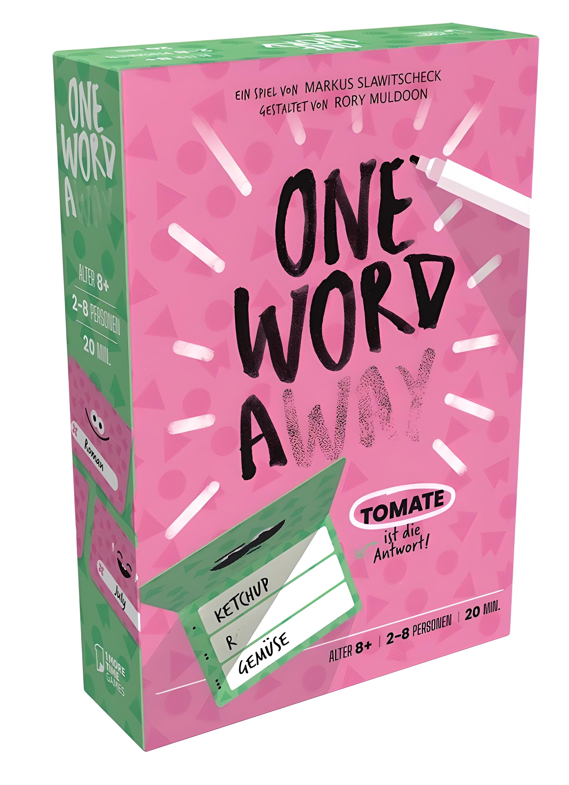 Die Box des Spiels "One Word Away" in Pink und Grün mit geometrischen Mustern.