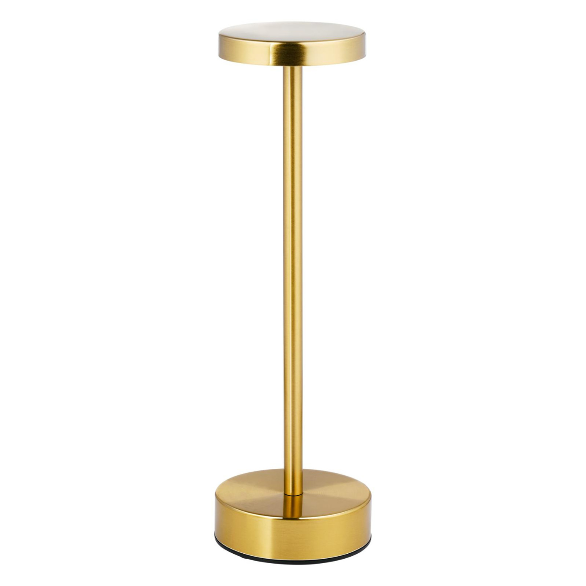 Eine schlanke, goldene Tischlampe mit rundem Sockel und Lampenkopf.