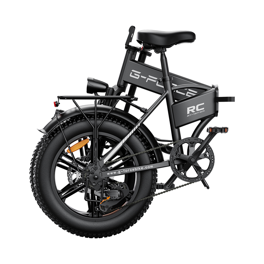 Czarny składany rower elektryczny z grubymi oponami, bagażnikiem tylnym i oznaczeniem 'RC All-terrain'.