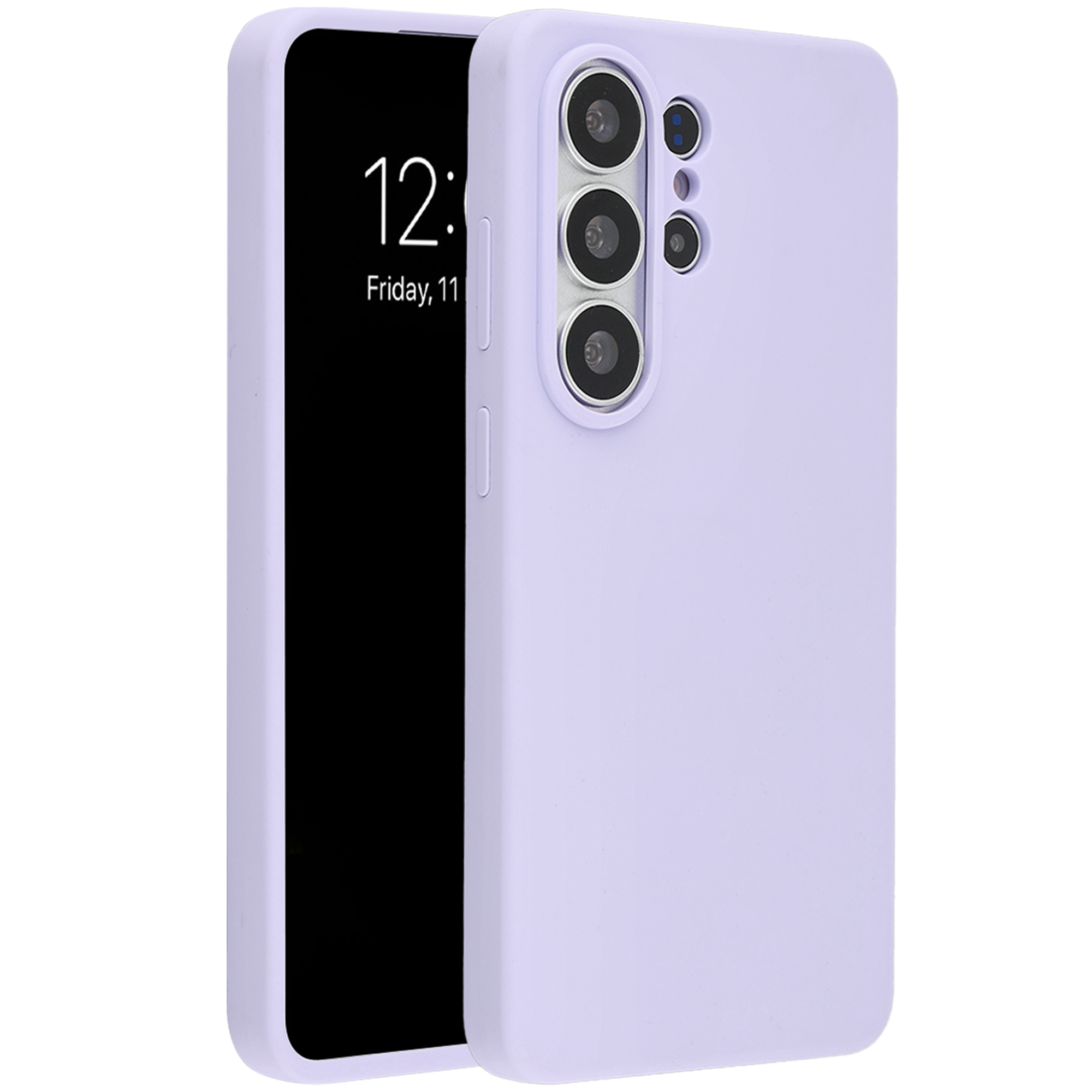 Une coque de téléphone violet clair avec trois objectifs de caméra au dos.