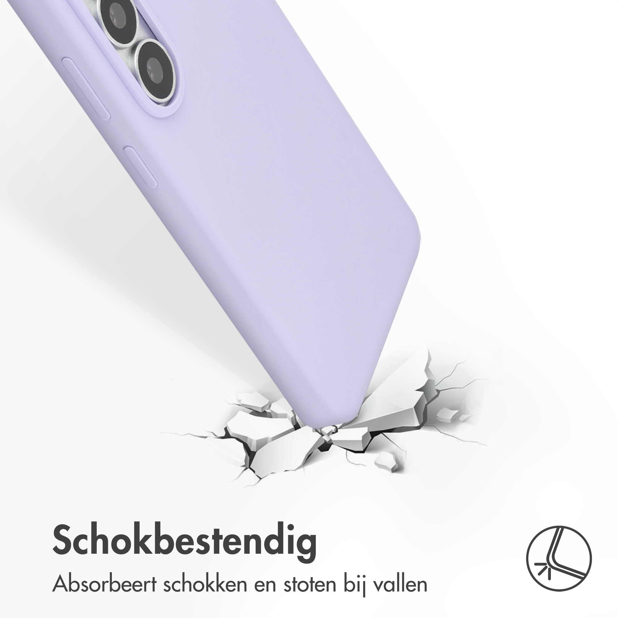 Coque de téléphone violette brisant une surface blanche.