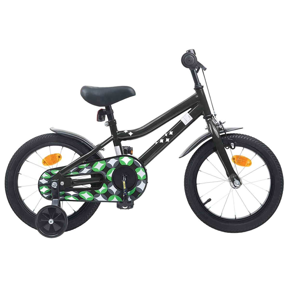 Ein schwarzes Kinderfahrrad mit Stützrädern und einem Muster auf dem Kettenschutz.