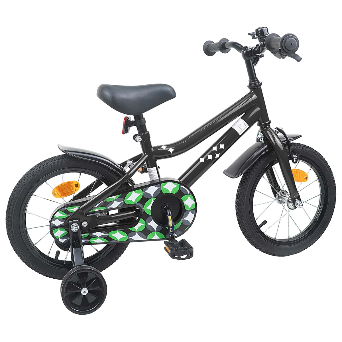 Ein schwarzes Kinderfahrrad mit Stützrädern und grün-grauem Kettenschutz.