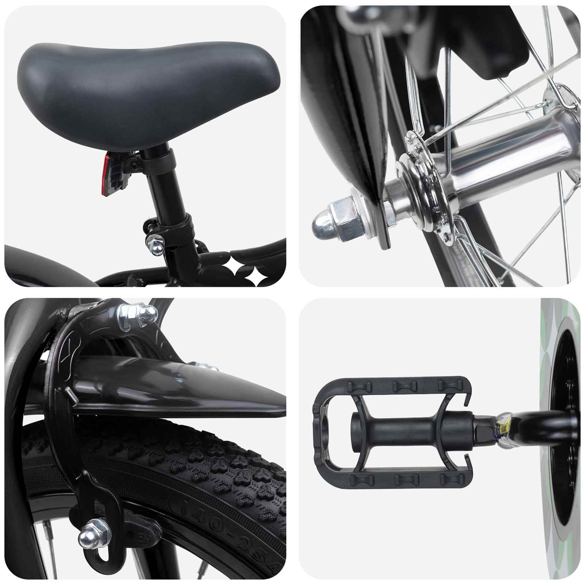 Nahaufnahme eines Fahrrads: Sattel, Vorderradnabe, Bremse und Pedal.