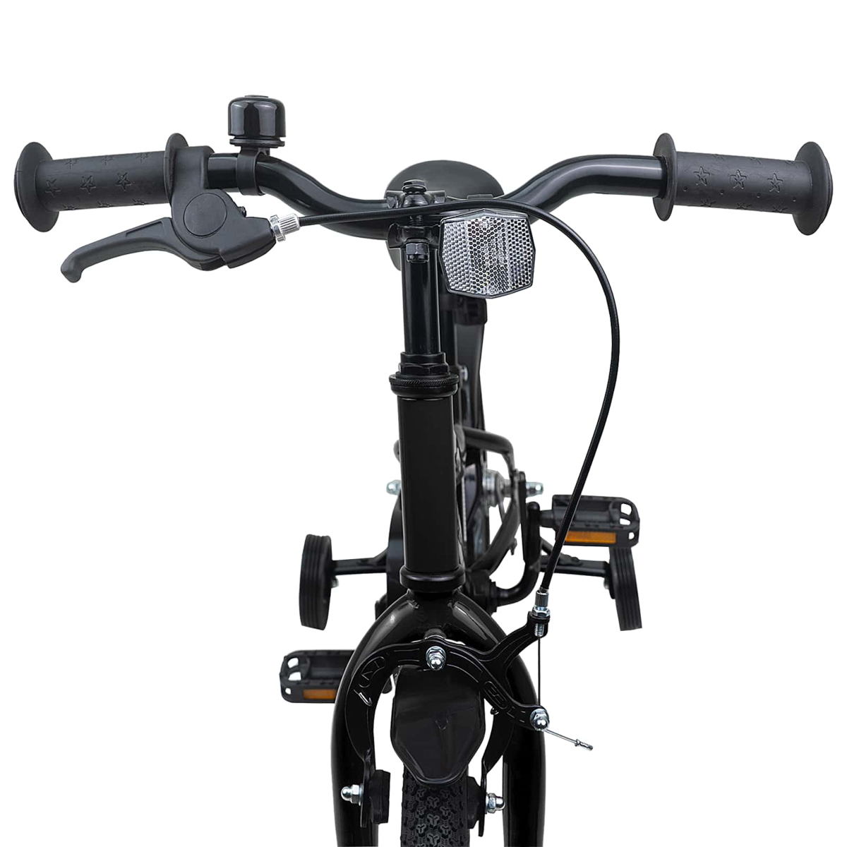 Schwarzer Fahrradlenker mit Klingel, Bremshebel und Reflektor. Stützräder sichtbar.