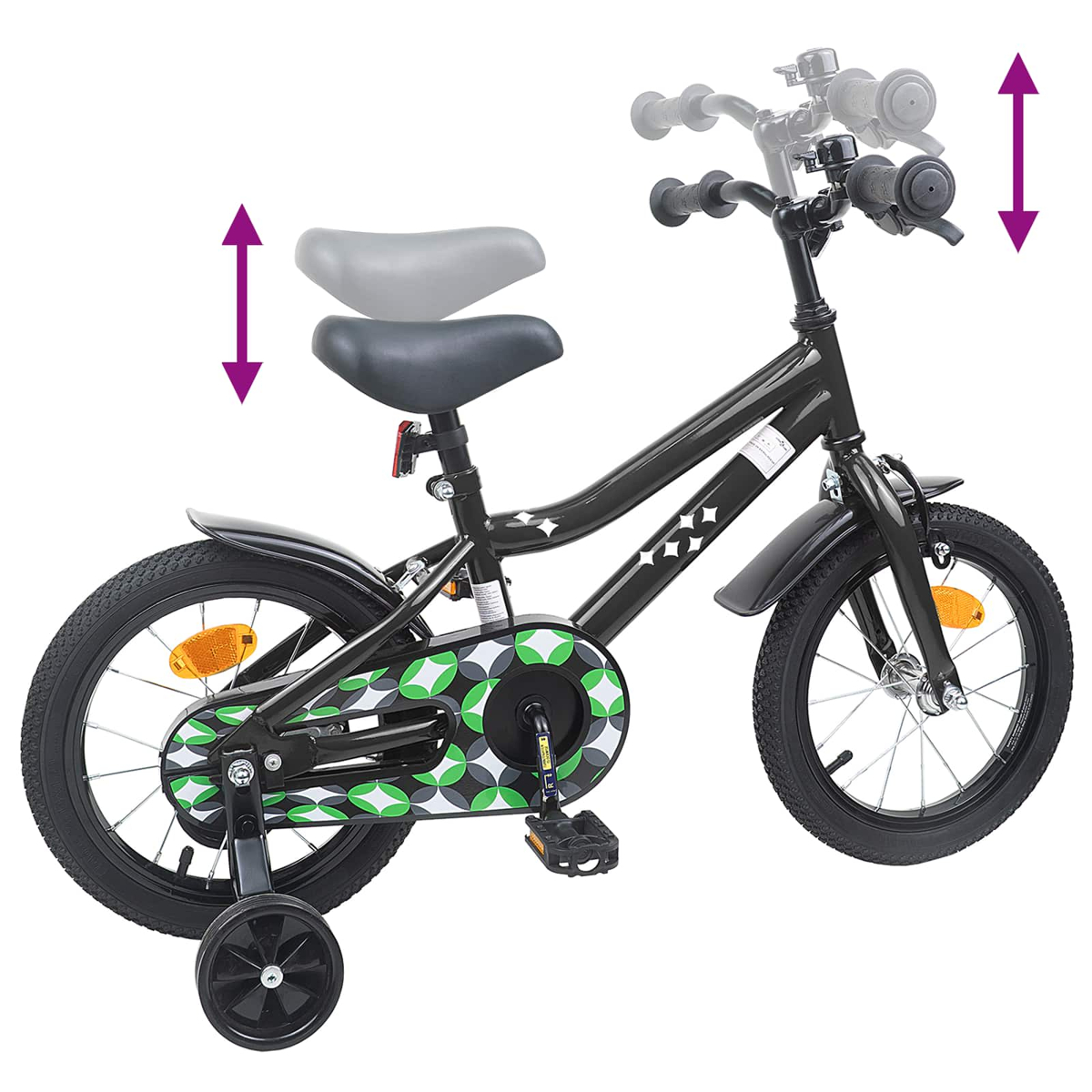 Ein schwarzes Kinderfahrrad mit Stützrädern und verstellbarem Sattel/Lenker.