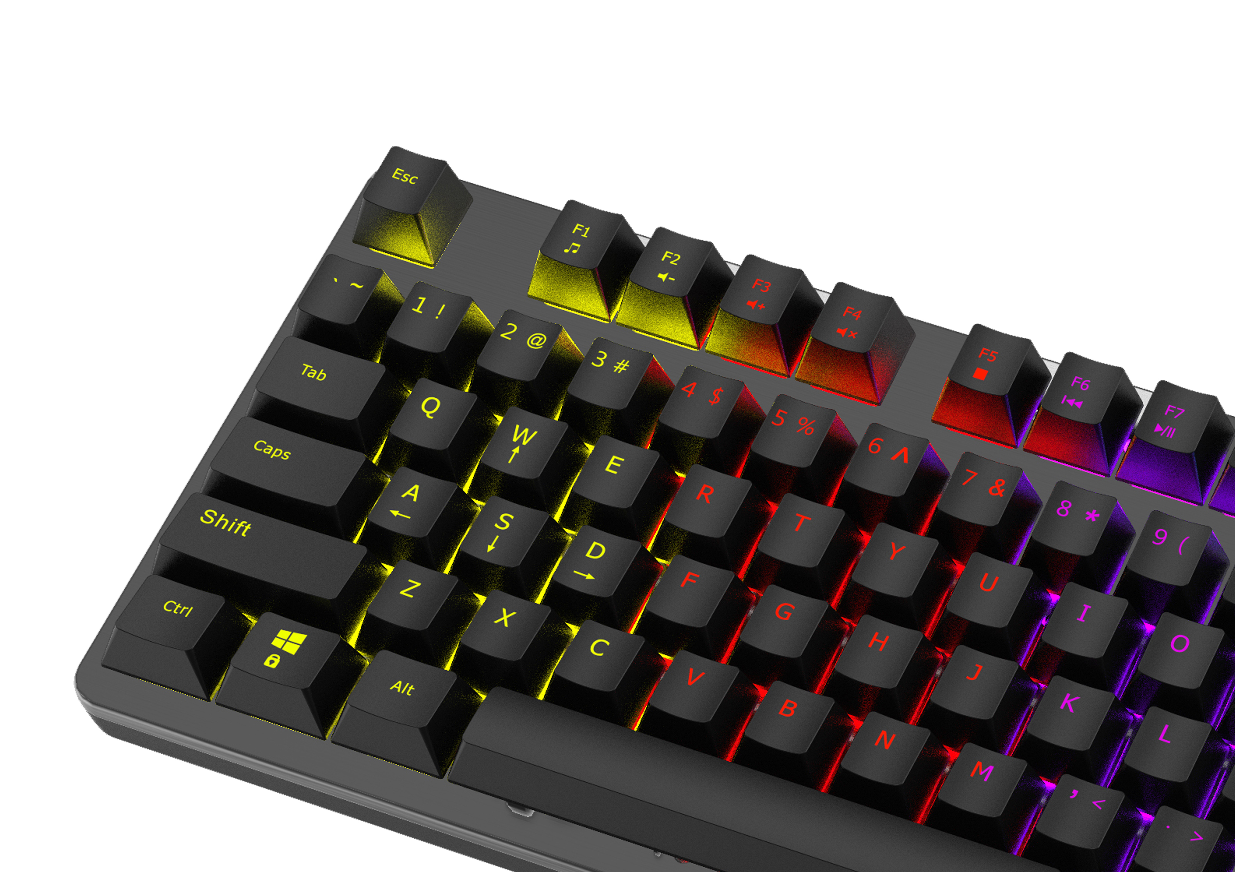 Zbliżenie czarnej klawiatury z żółtym, czerwonym i fioletowym podświetleniem RGB.