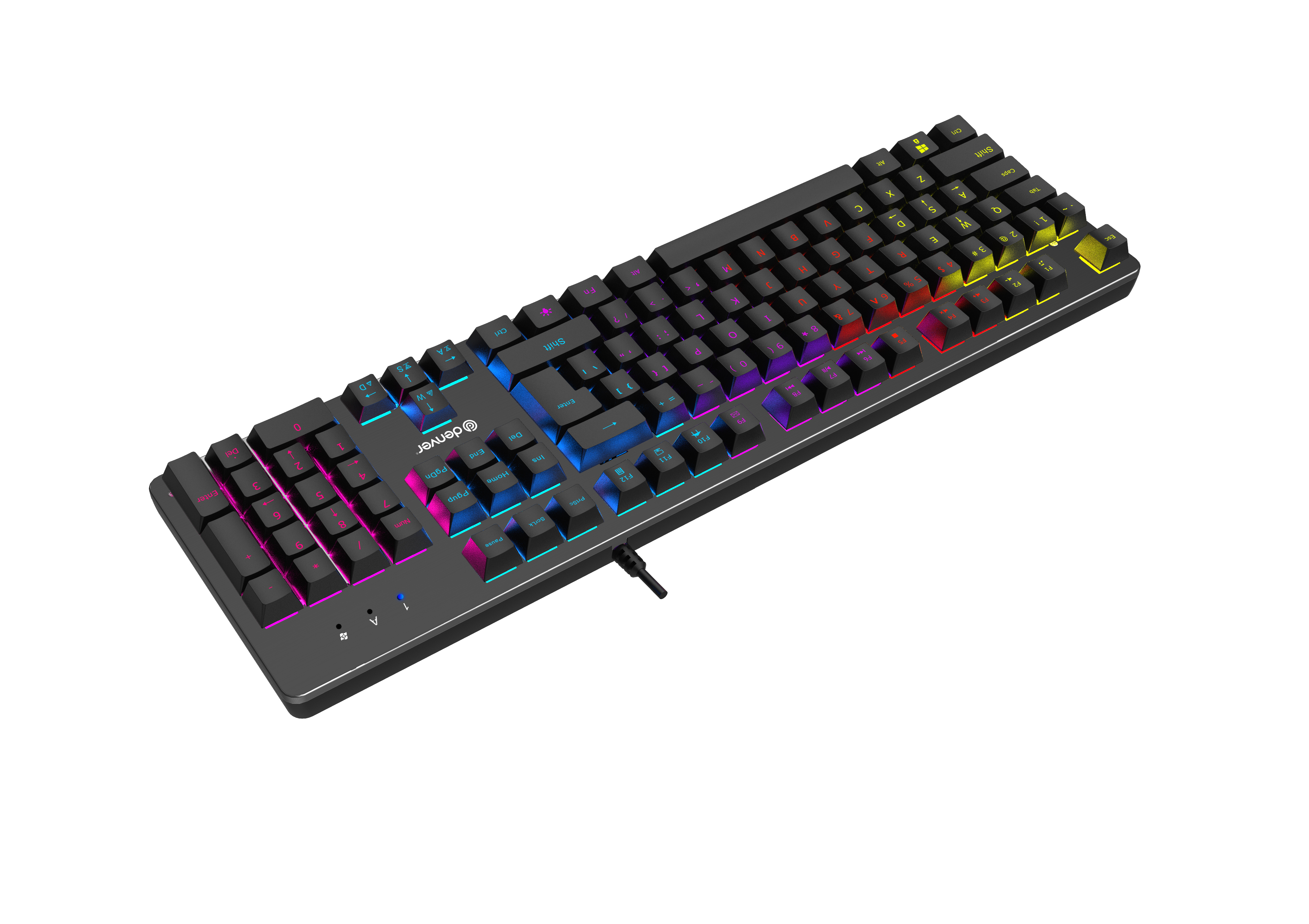 Czarna klawiatura z podświetleniem RGB na białym tle.