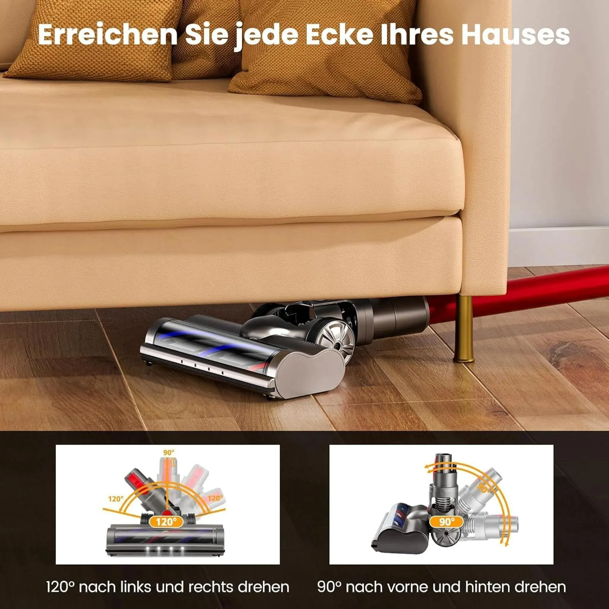 Staubsaugerbürste unter Sofa, zeigt Winkel für Reinigung.