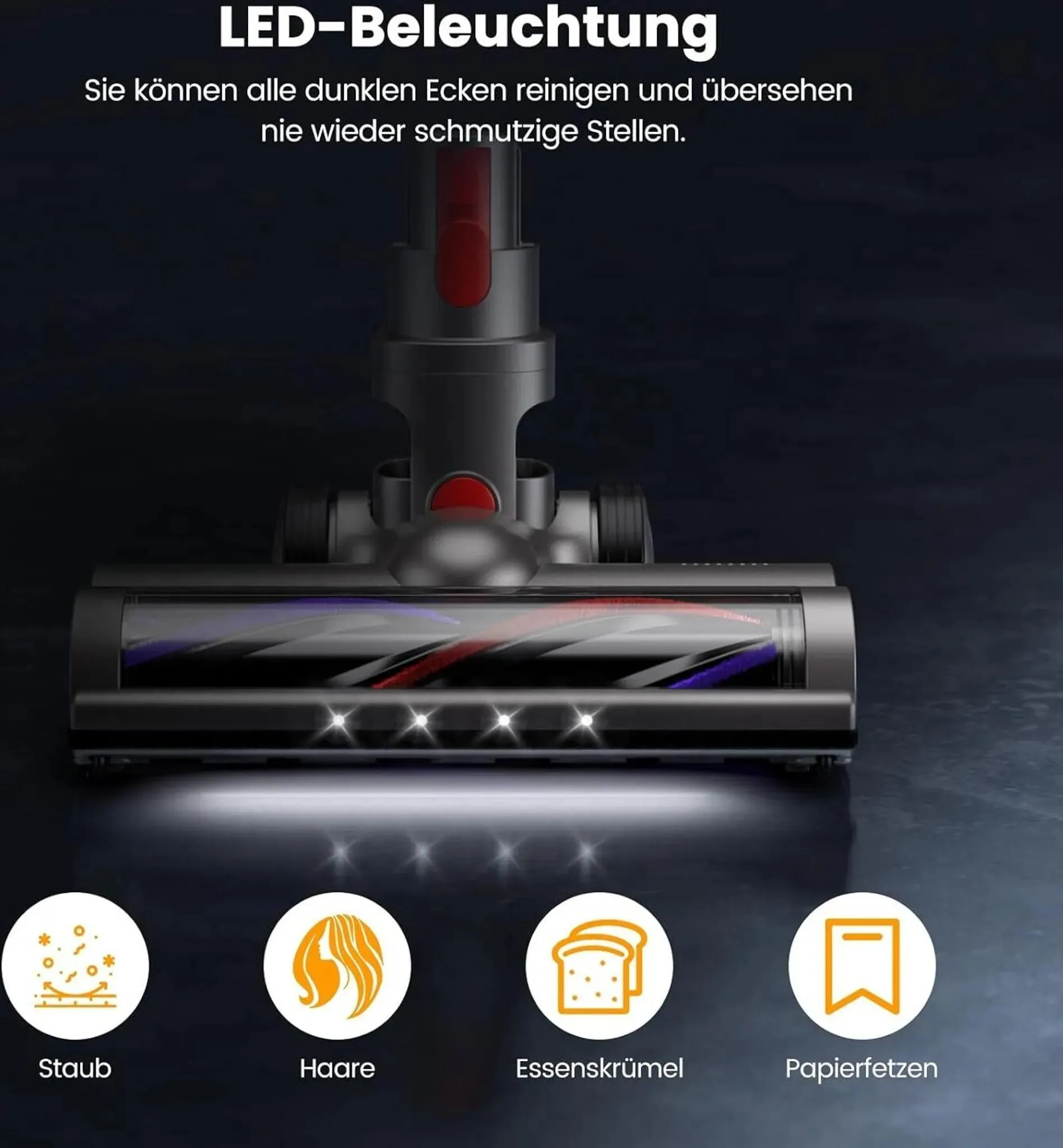 Staubsaugerbürste mit LEDs zur Beleuchtung von Ecken. Symbole für Staub, Haare, Krümel, Papier.