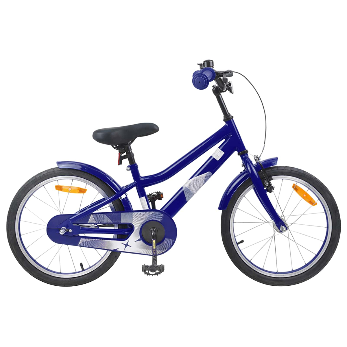 Ein dunkelblaues Kinderfahrrad mit weißen Sternenaufklebern, schwarzen Reifen und Griffen.