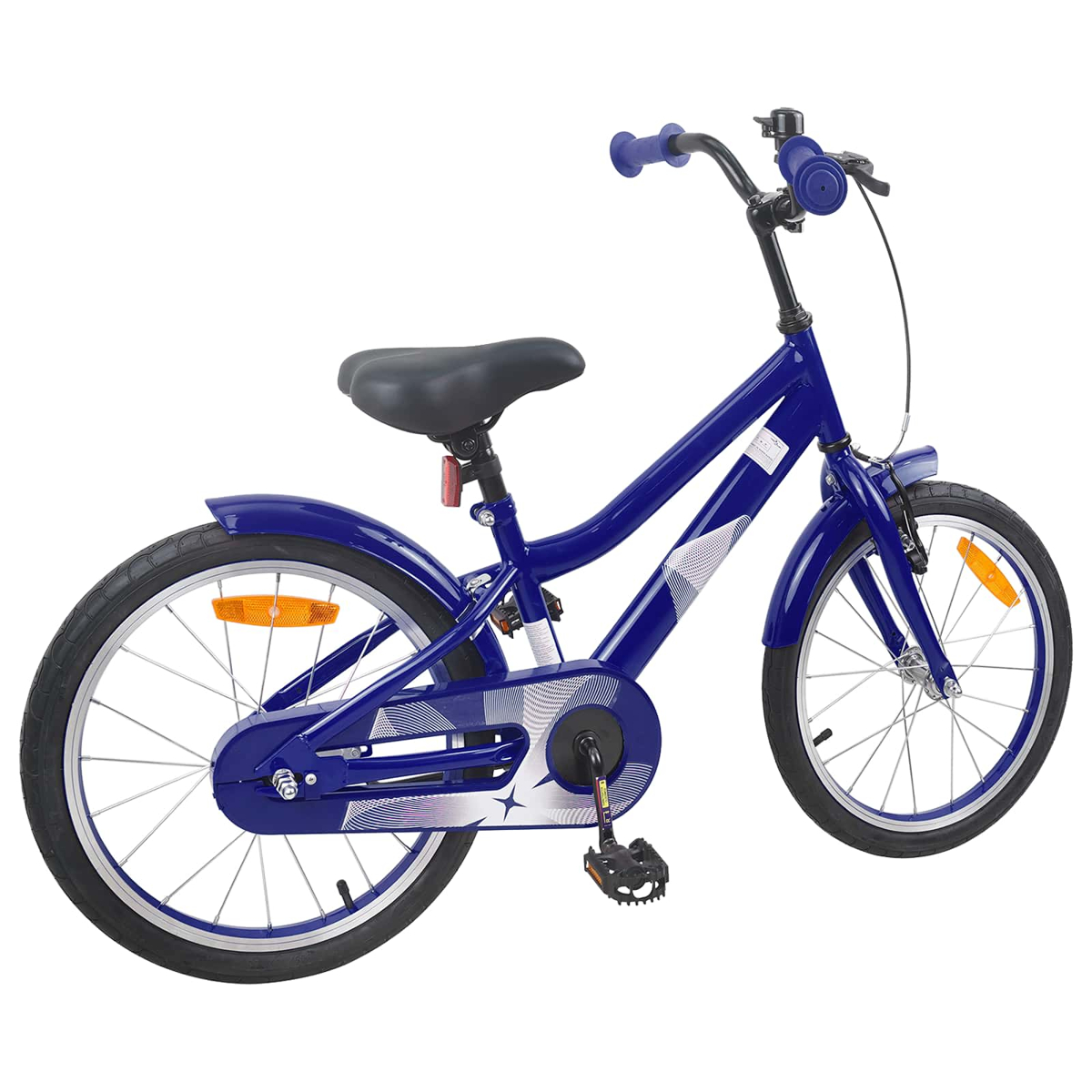 Ein blaues Fahrrad mit silbernem Sternenmuster, schwarzem Sitz und Reifen, auf weißem Grund.