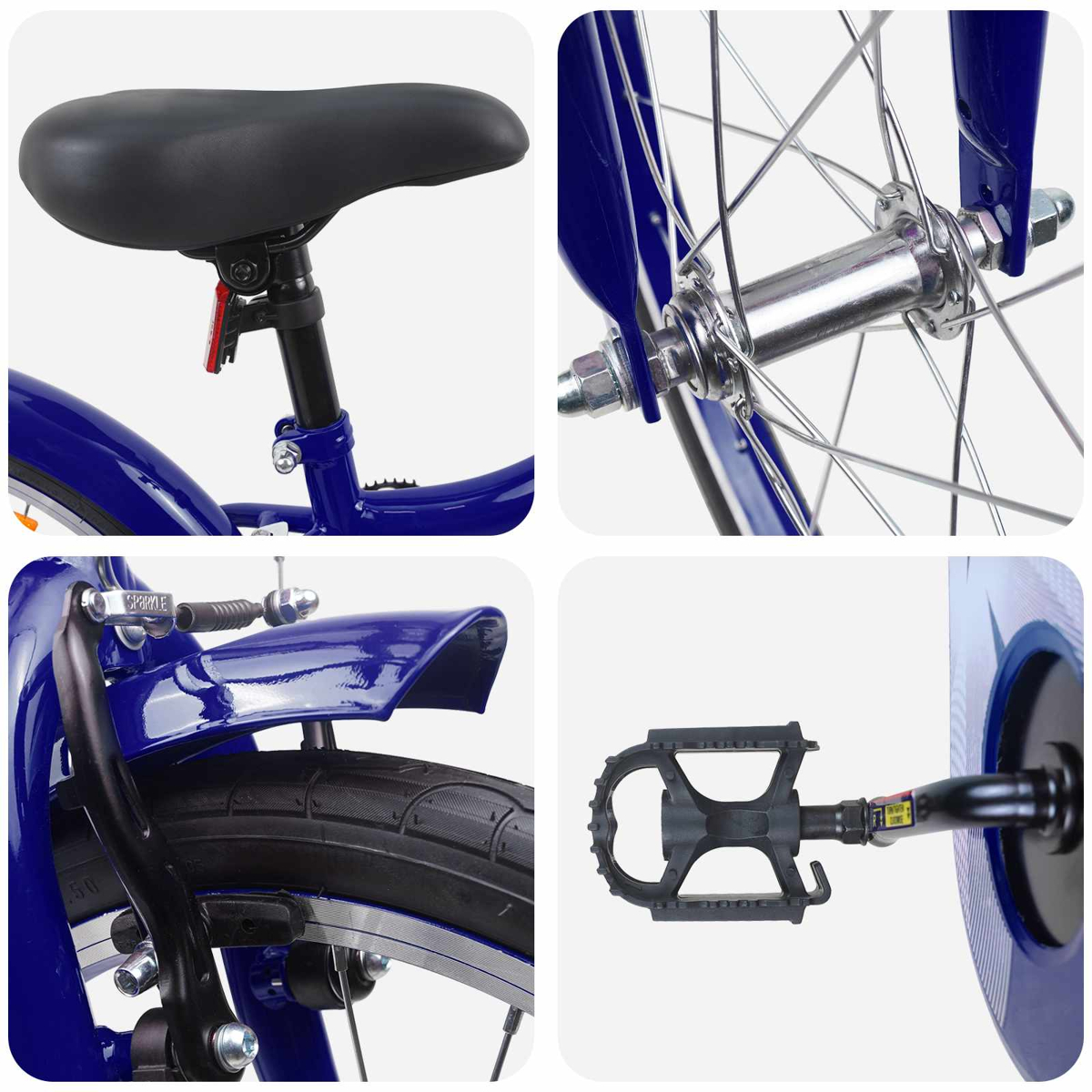 Ein blaues Fahrrad mit Details: Sattel, Radnabe, Schutzblech und Pedal.