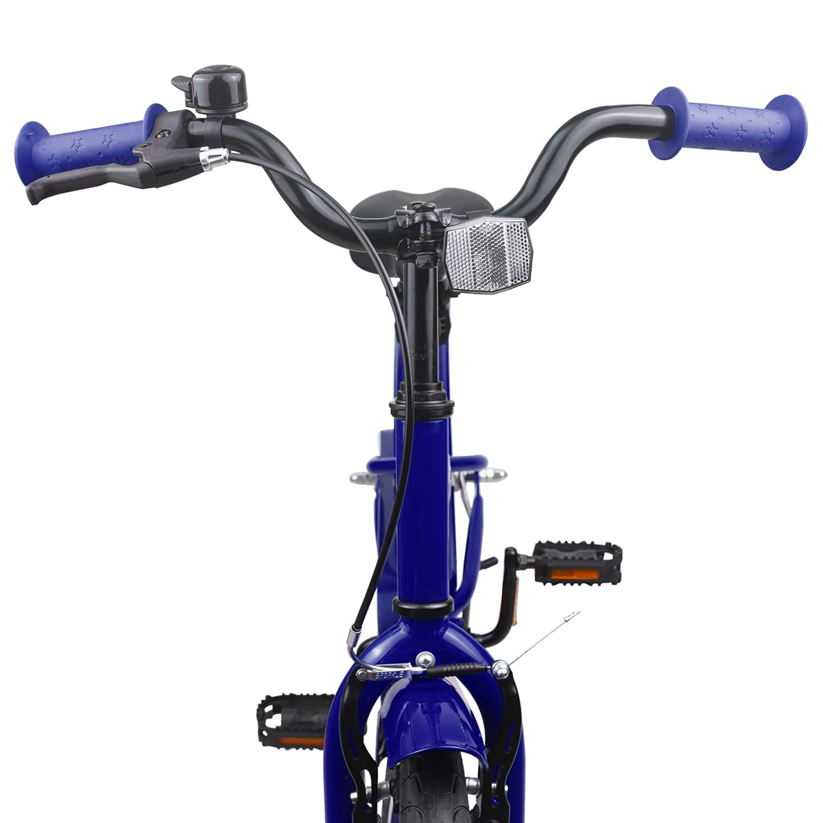 Vorderansicht eines blauen Kinderfahrrads mit Lenker, Klingel, Reflektor und Pedalen.
