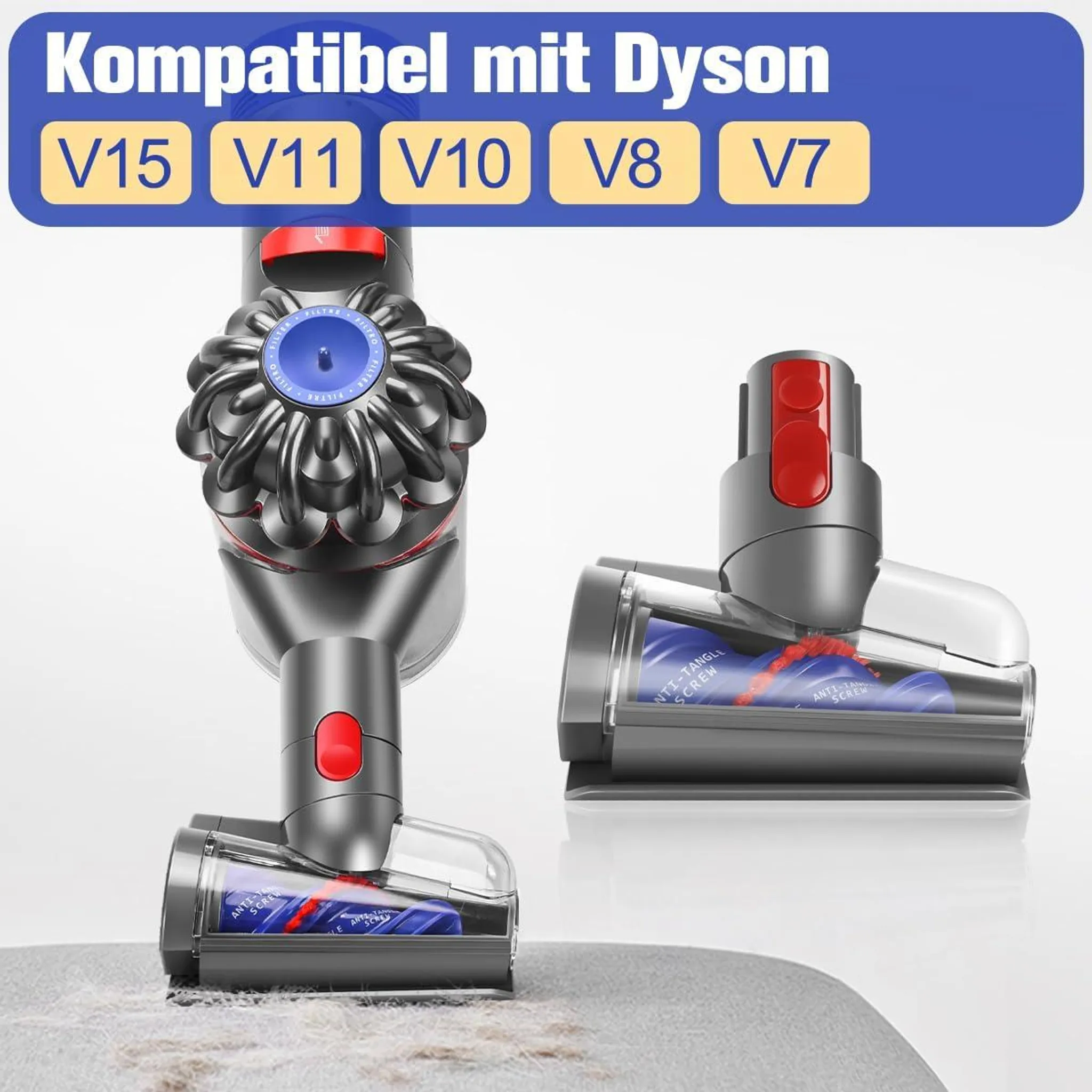 Dyson Staubsaugerteile: Griff, Rohr und Bürstenkopf in Grau mit blauen Akzenten.
