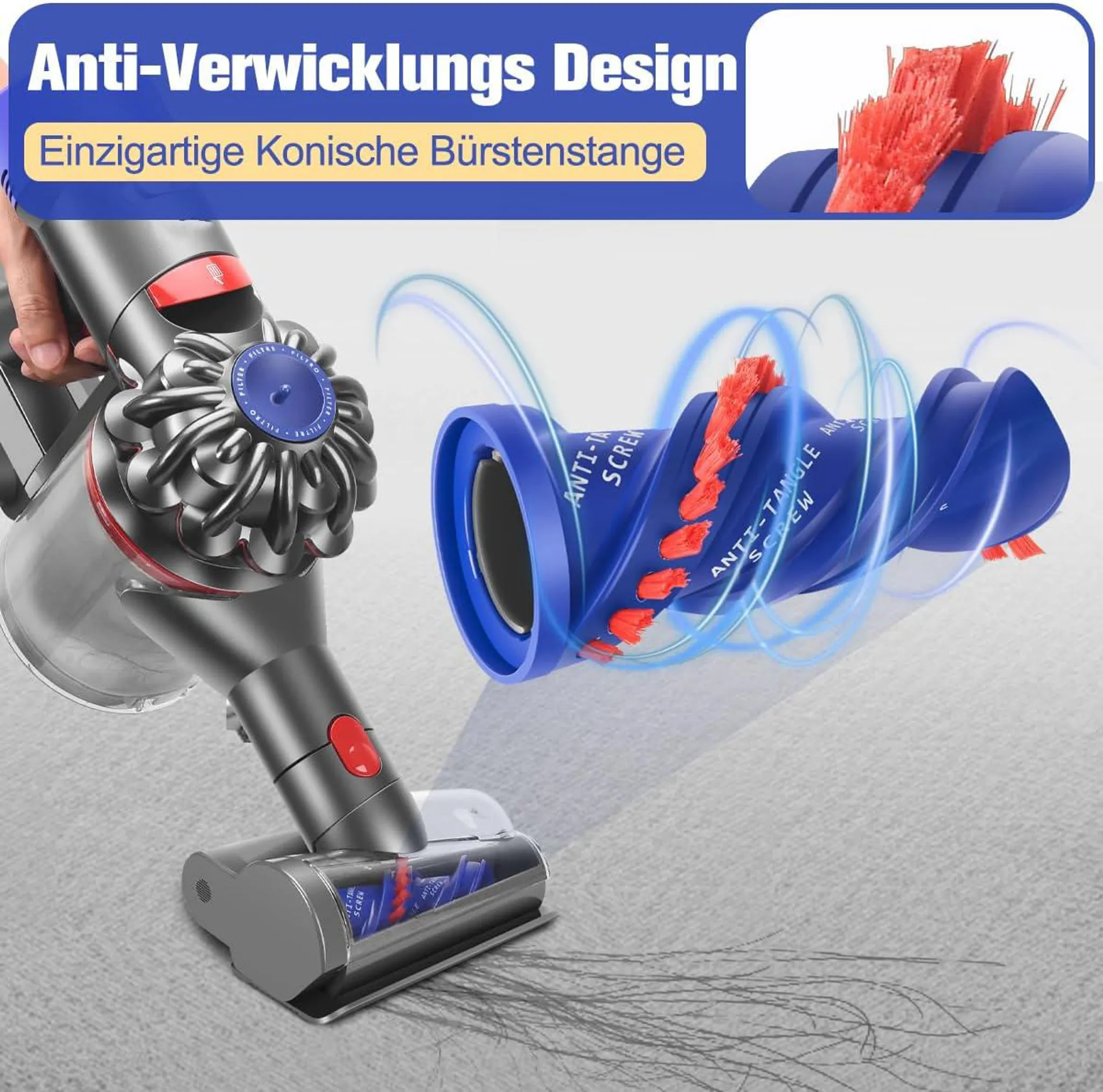 Staubsauger mit rotierender Bürste zur Vermeidung von Verwicklungen auf dem Teppich.