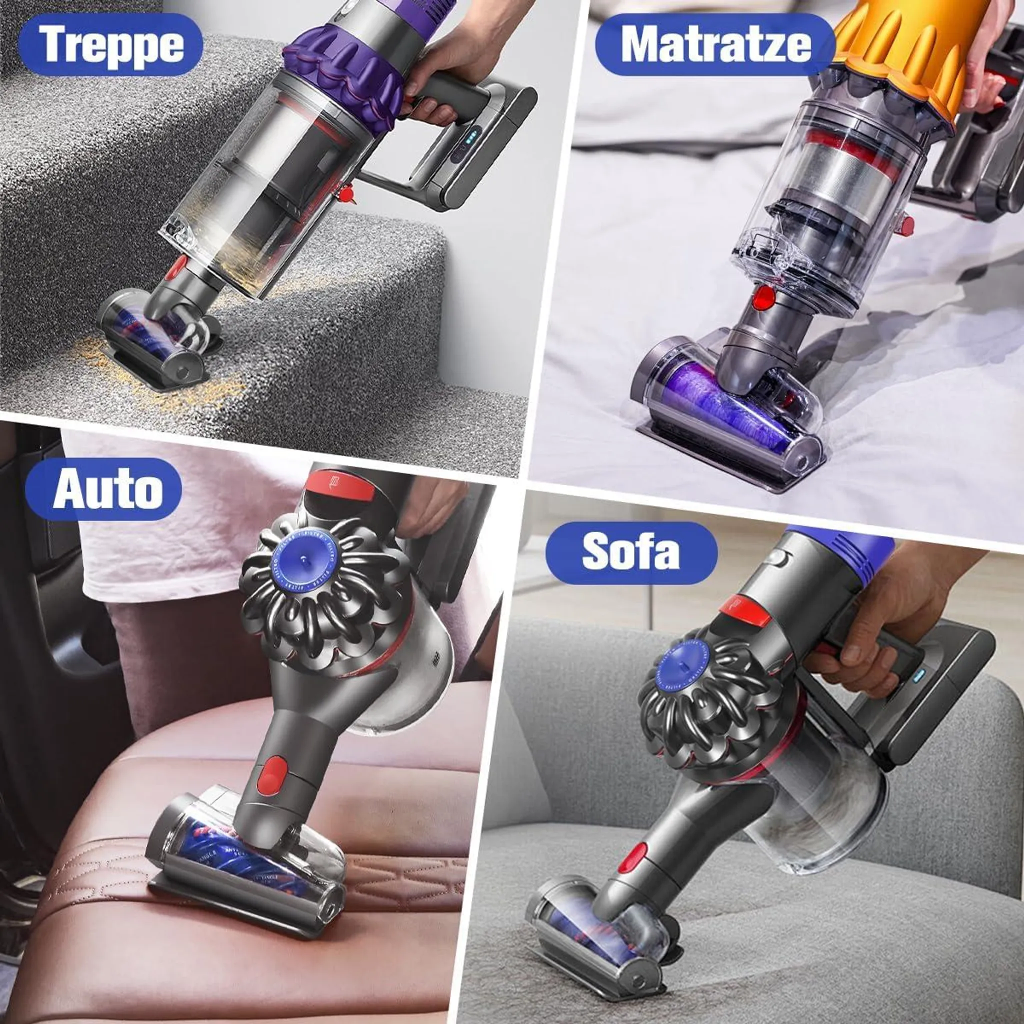 Ein Handstaubsauger reinigt Teppich, Matratze, Autositz und Sofa.