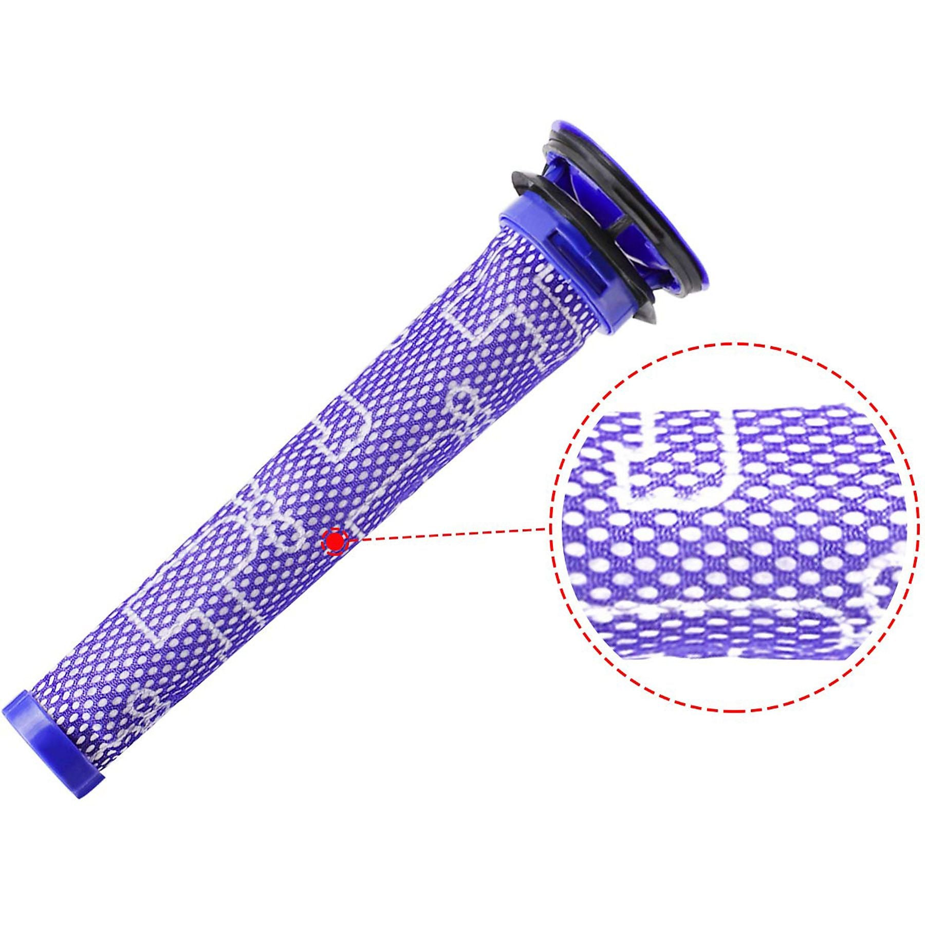 Ein violetter Filter mit weißem Muster und blauer Kappe, daneben eine Nahaufnahme.