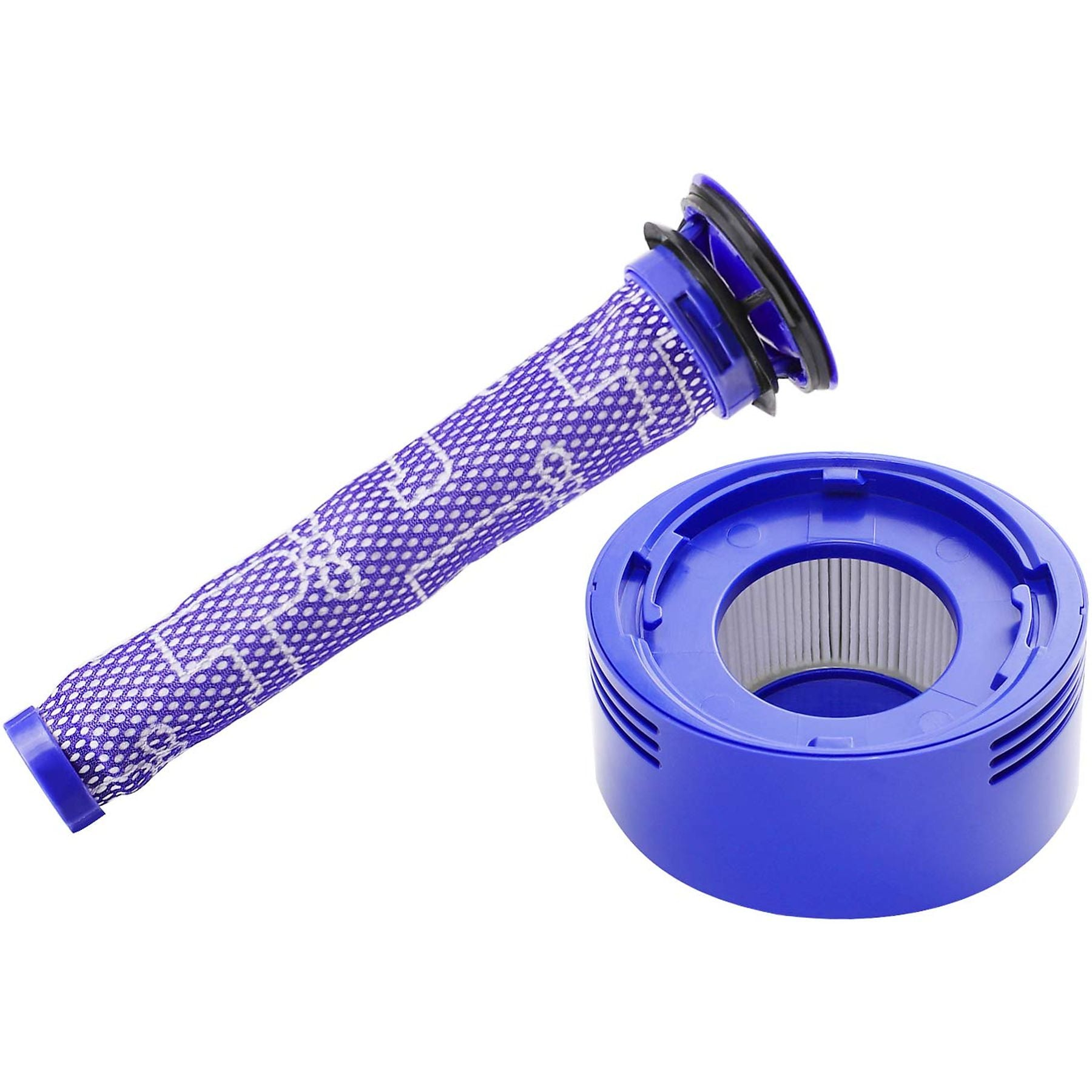 Ein violetter Staubsaugerfilter und ein blauer Filterhalter auf weißem Hintergrund.