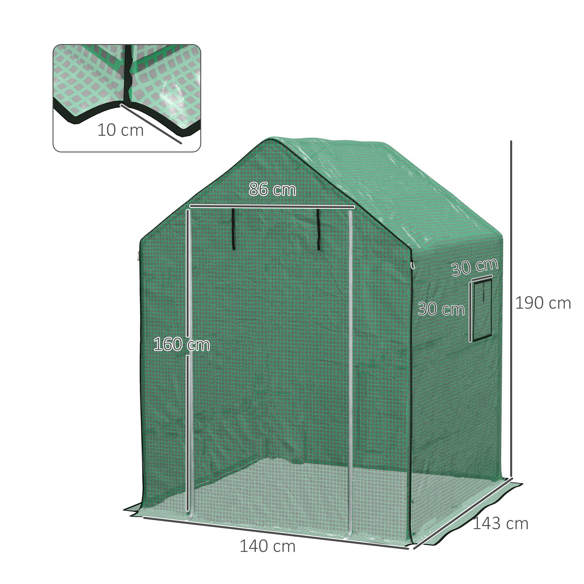 Invernadero verde con dimensiones y una ventana.