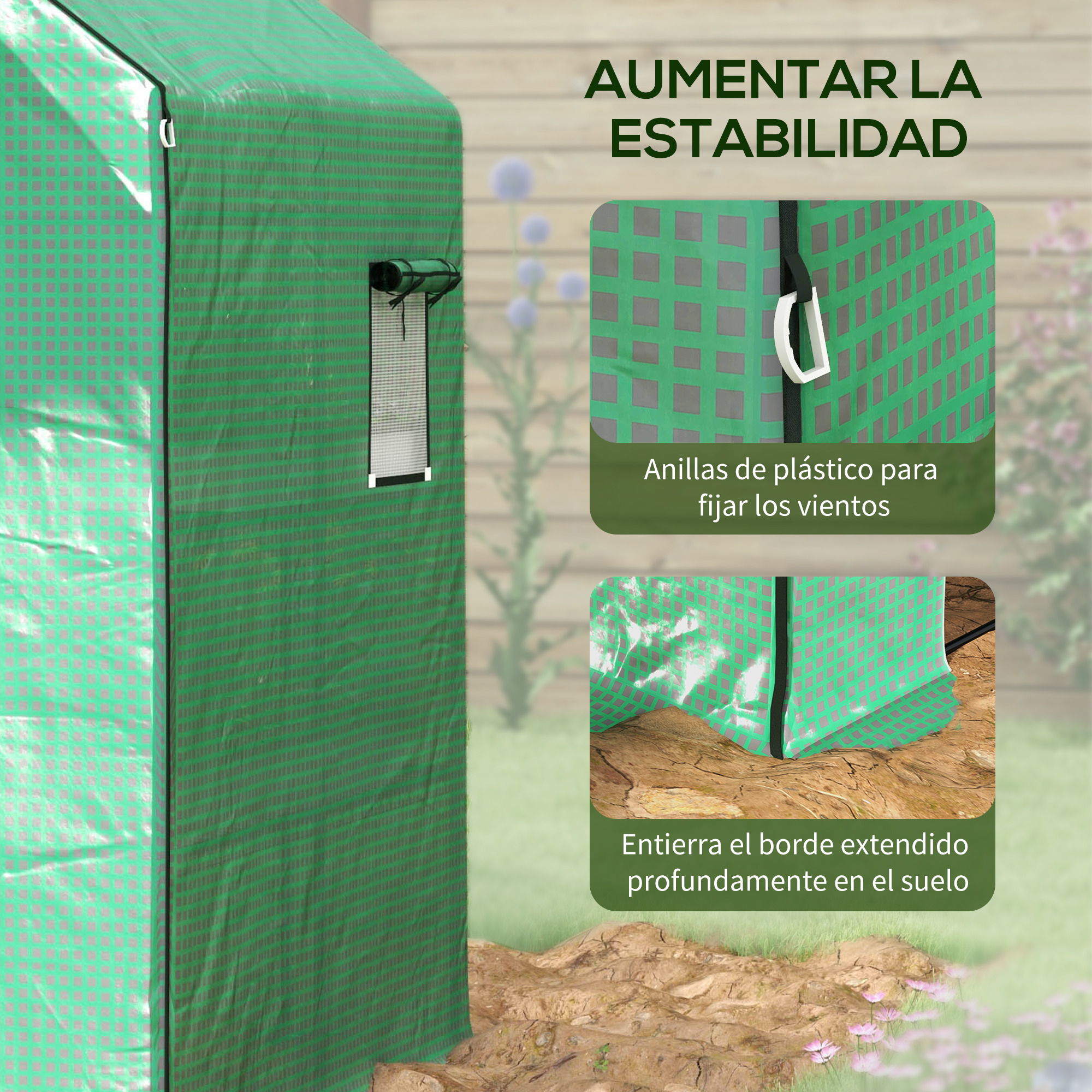 Invernadero verde con patrón de rejilla, ventana de ventilación, clips y anclaje al suelo.