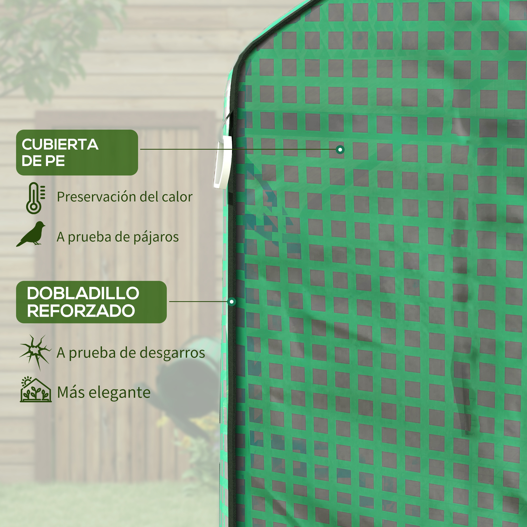 Cubierta de PE verde con patrón de cuadros, resistente al calor y a pájaros.