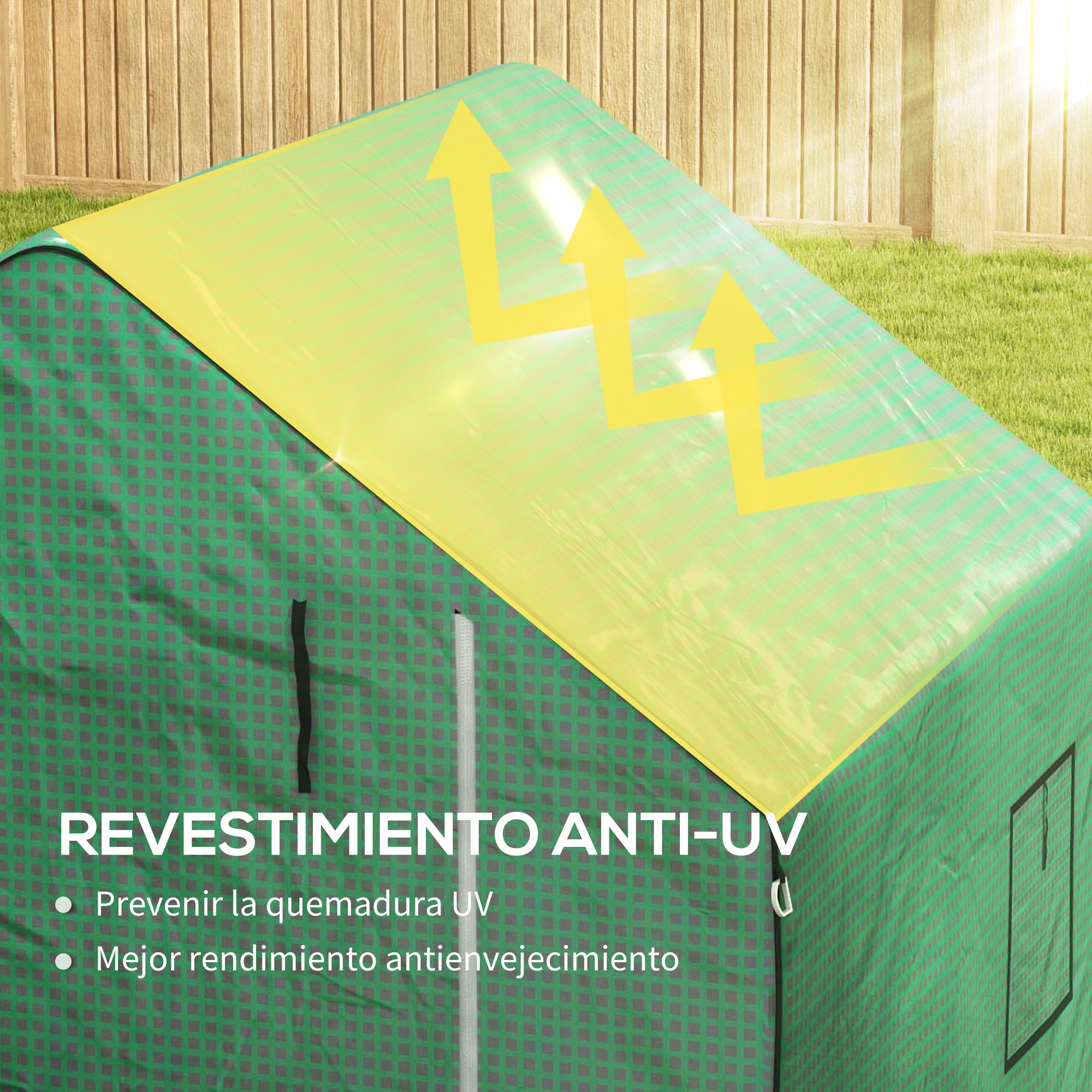 Tienda verde con lámina protectora UV amarilla y flechas al sol.