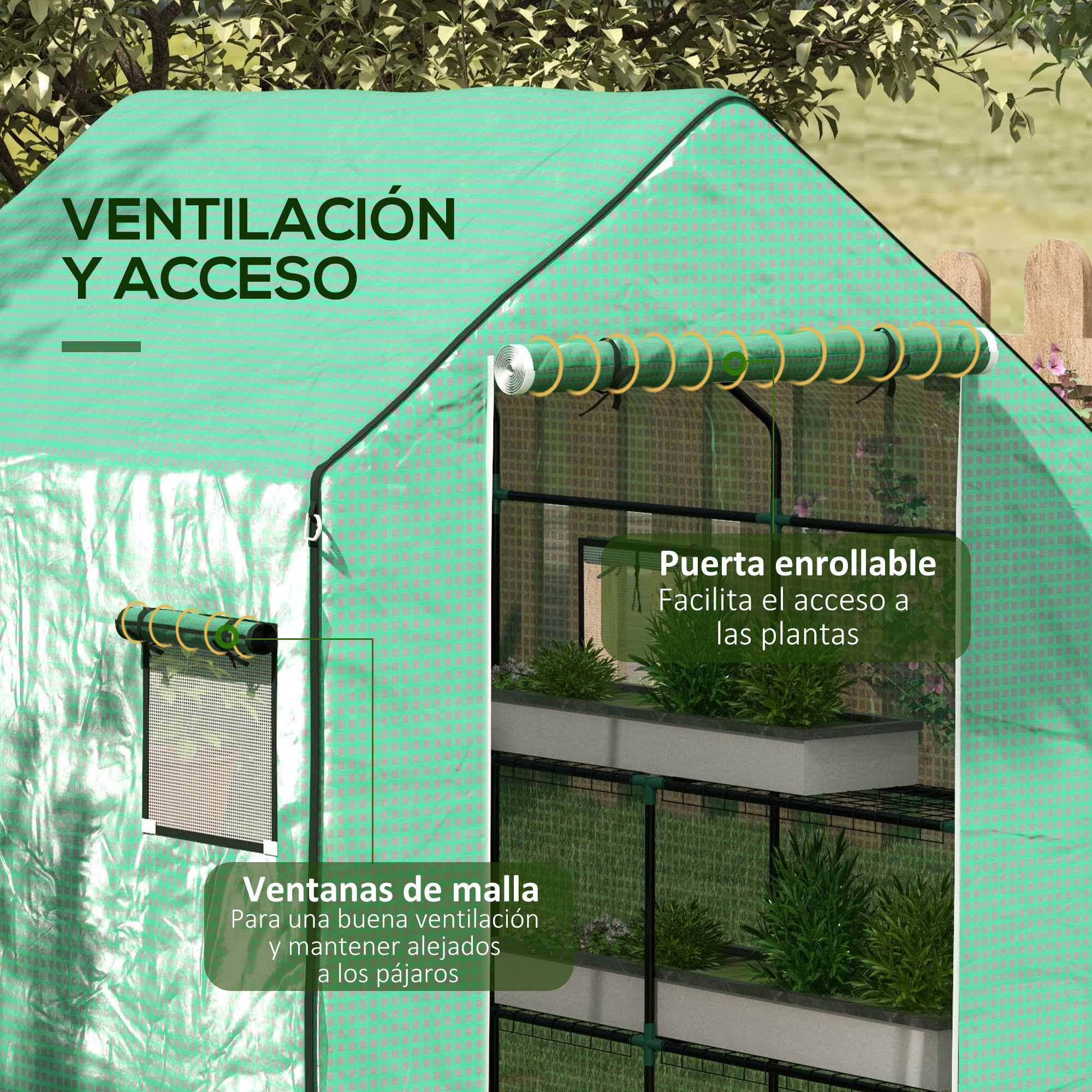 Un invernadero verde con ventanas de malla y puerta enrollable.