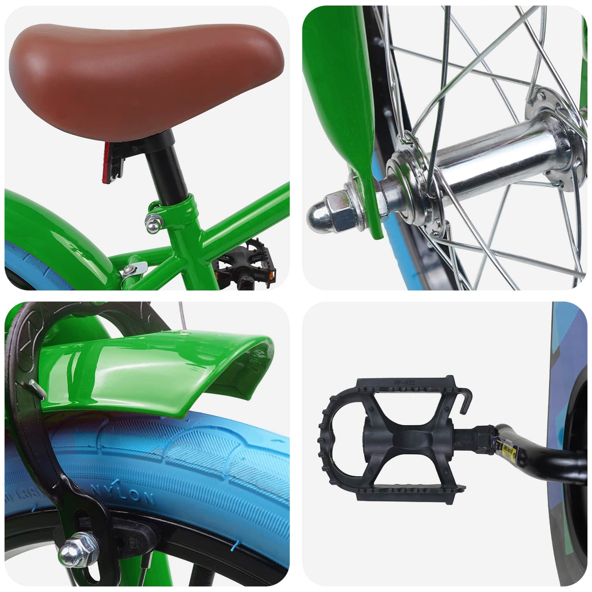 Details eines grünen Fahrrads: Sattel, Radnabe, Schutzblech und Pedal.