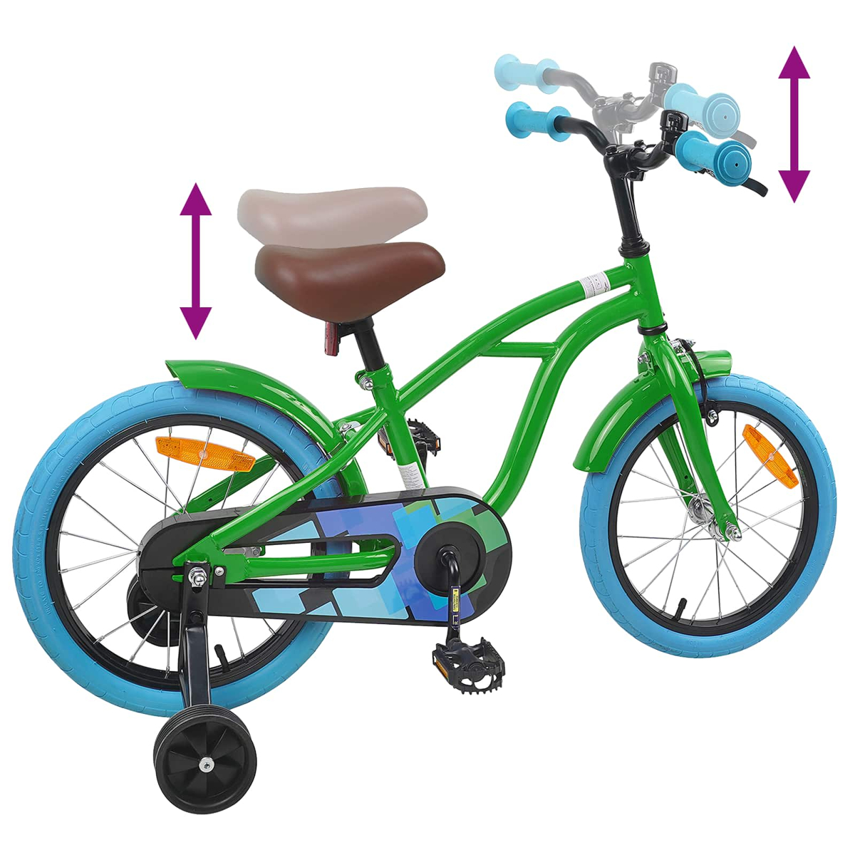 Grünes Kinderfahrrad mit blauen Rädern, Stützrädern, verstellbarem Sitz/Lenker.