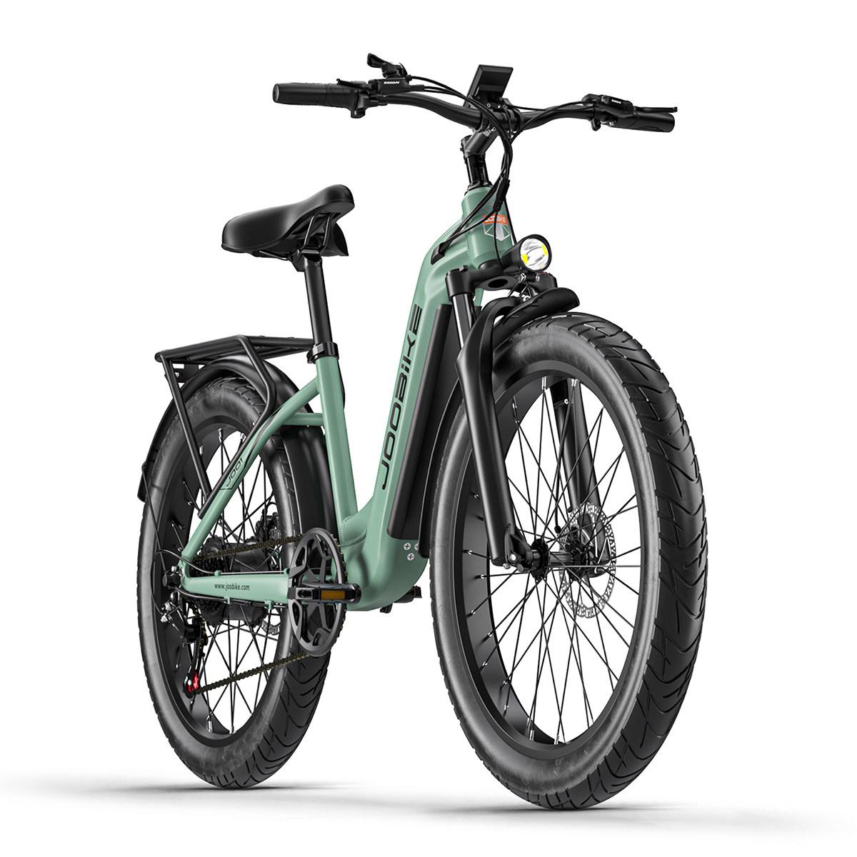 Eine hellgrüne E-Bike mit dicken Reifen, Gepäckträger und Scheinwerfer.