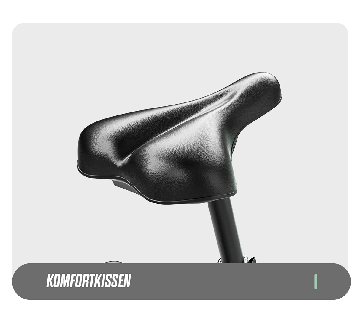 Schwarzer Fahrradsattel auf grauem Hintergrund mit Text"KOMFORTKISSEN".