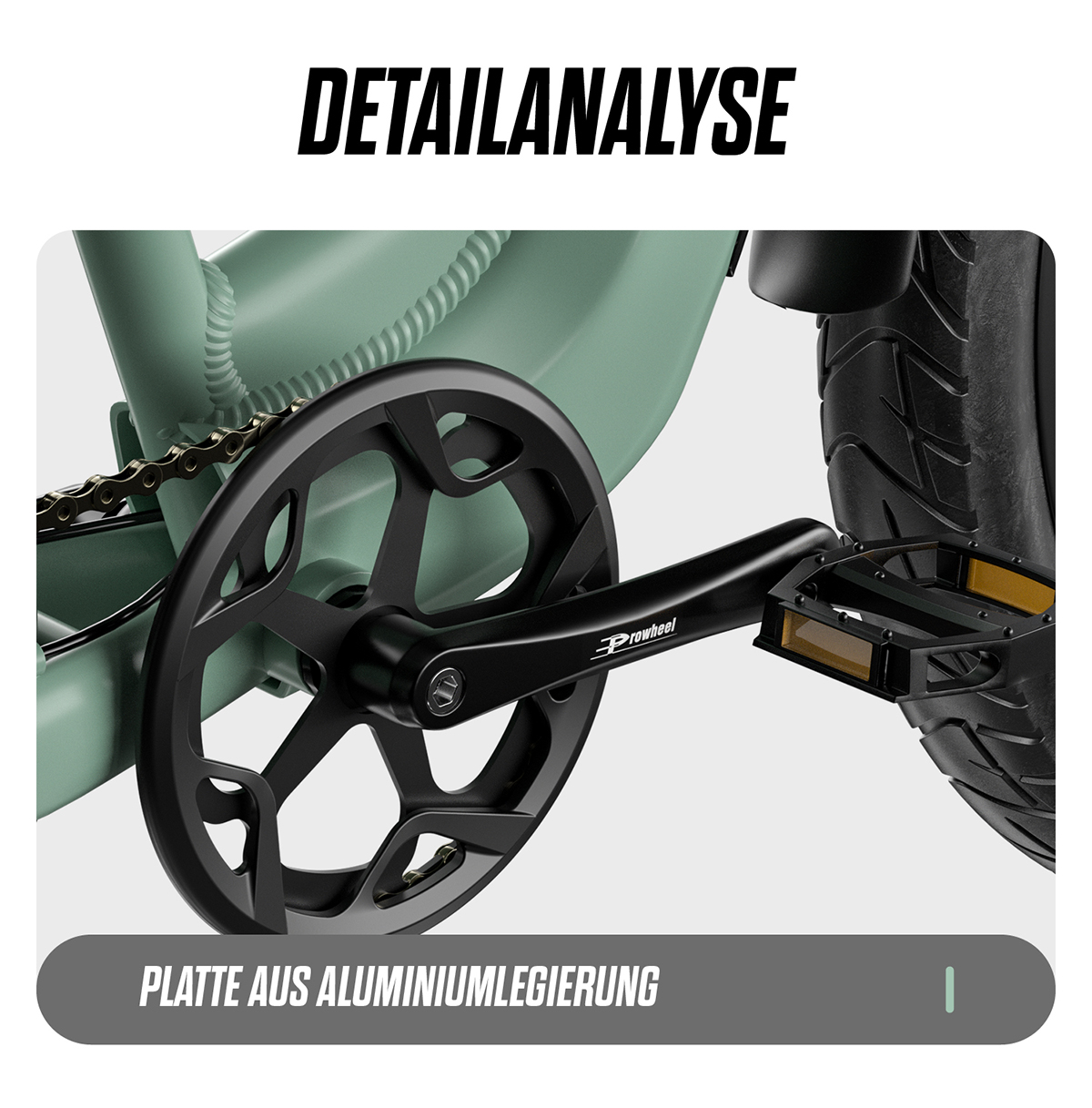 Nahaufnahme einer Fahrradkurbelgarnitur mit Kette und Pedal in Schwarz und Mintgrün.