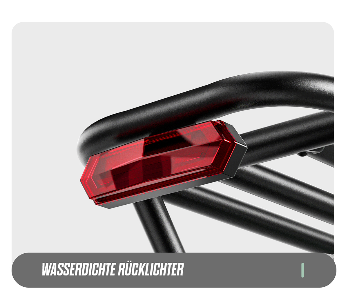 Ein rotes, wasserdichtes Rücklicht ist an einem schwarzen Fahrradträger montiert.