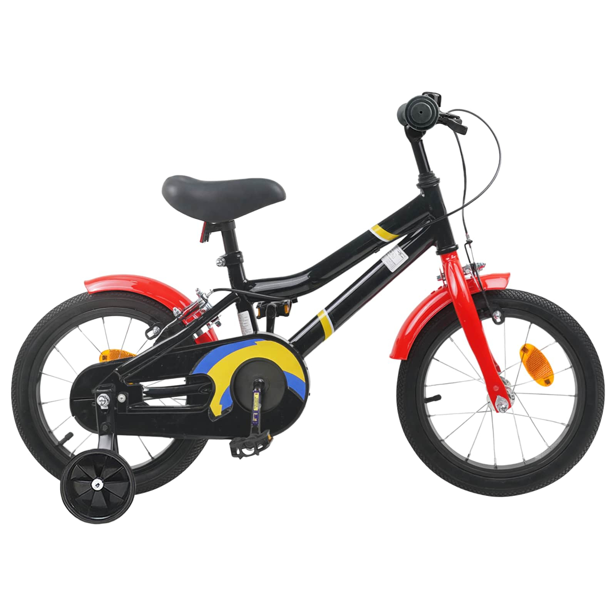 Ein schwarzes Kinderfahrrad mit roten Schutzblechen und Stützrädern.