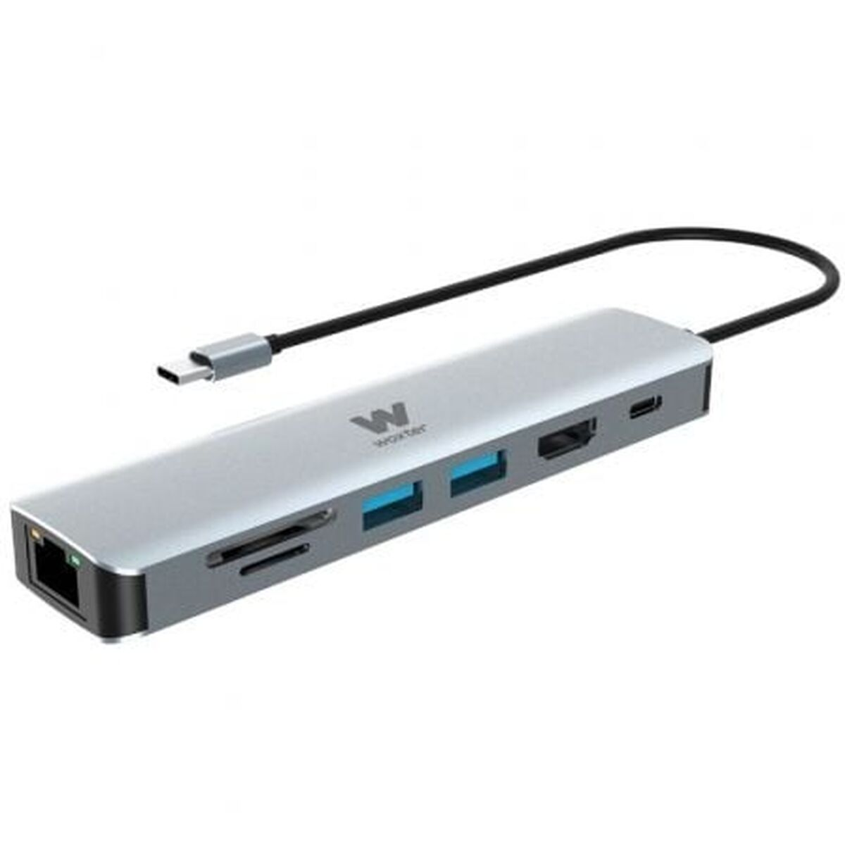 Silberne USB-C-Hub mit Ethernet-, SD-Karten-, 2 USB-A-, HDMI- und USB-C-Anschlüssen.