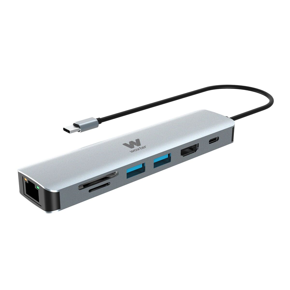 Ein silberner USB-C-Hub mit SD-Kartensteckplatz, 2 USB-Anschlüssen, HDMI und USB-C-Kabel.