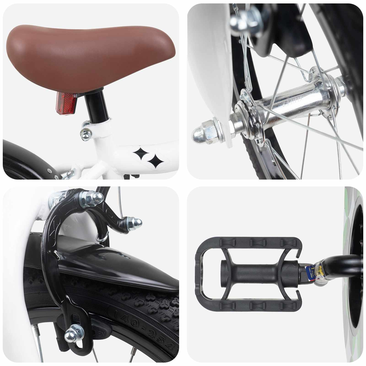 Ein Fahrrad-Detailbild mit Sattel, Vorderradnabe, Bremse und Pedal.