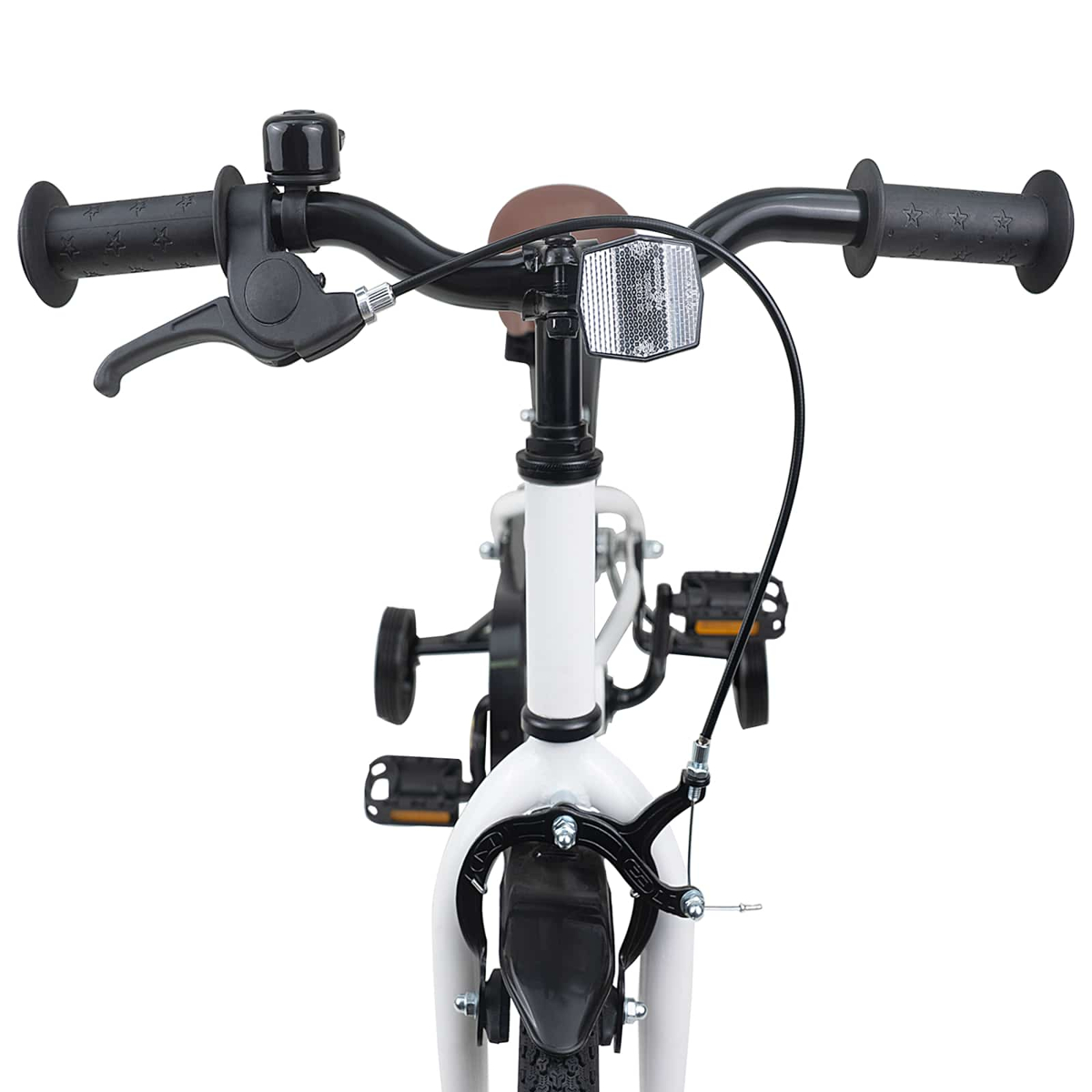 Wei'er Fahrradlenker mit schwarzen Griffen, Klingel, Bremshebeln und Reflektor.