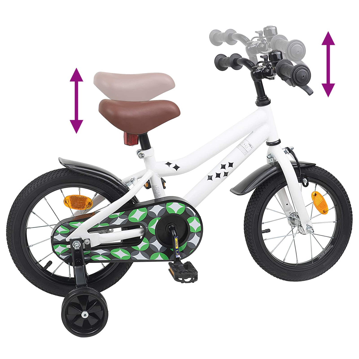 Ein weißes Kinderfahrrad mit Stützrädern und verstellbarem Sattel und Lenker.