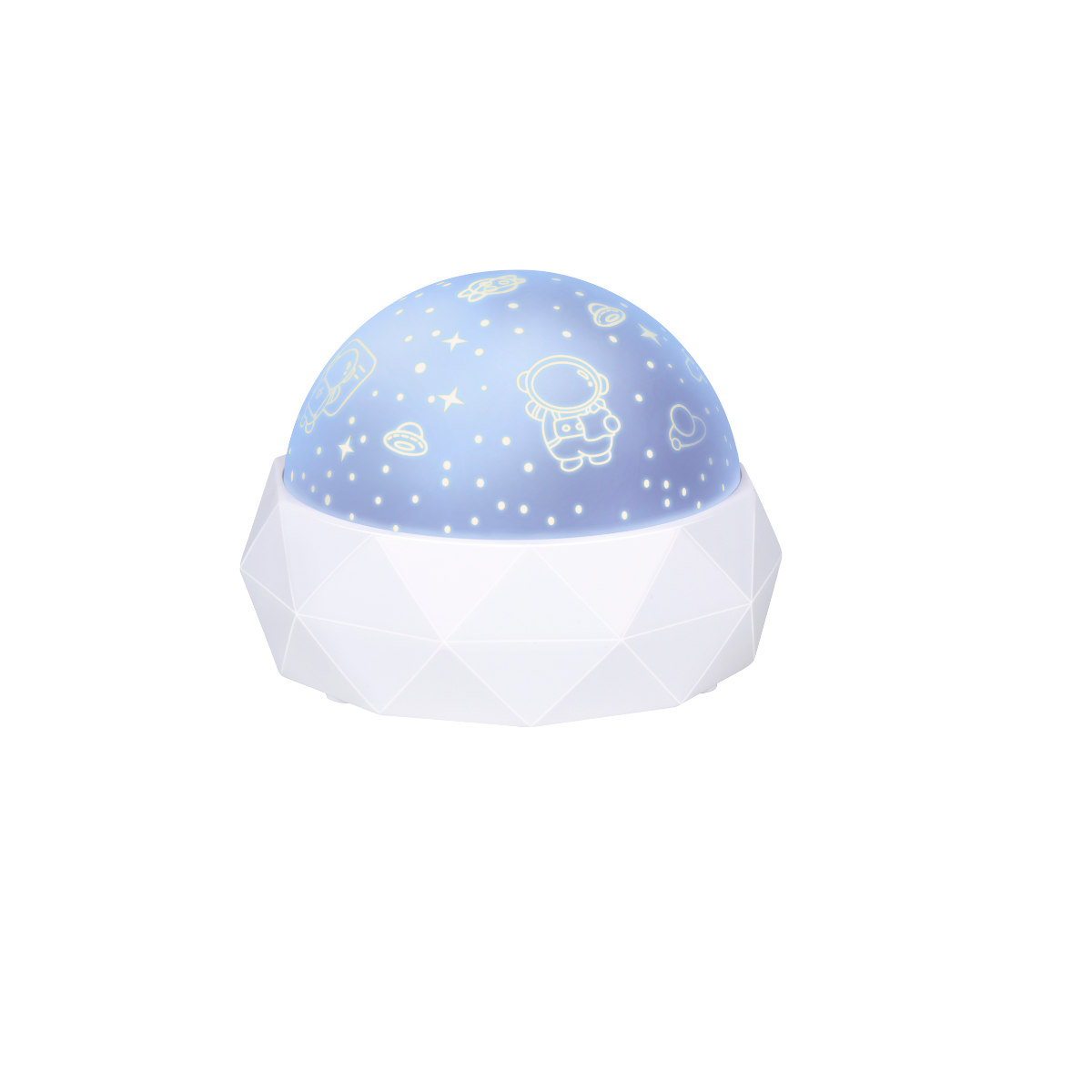 A blue star projector with astronaut and UFO designs on a white, faceted base.