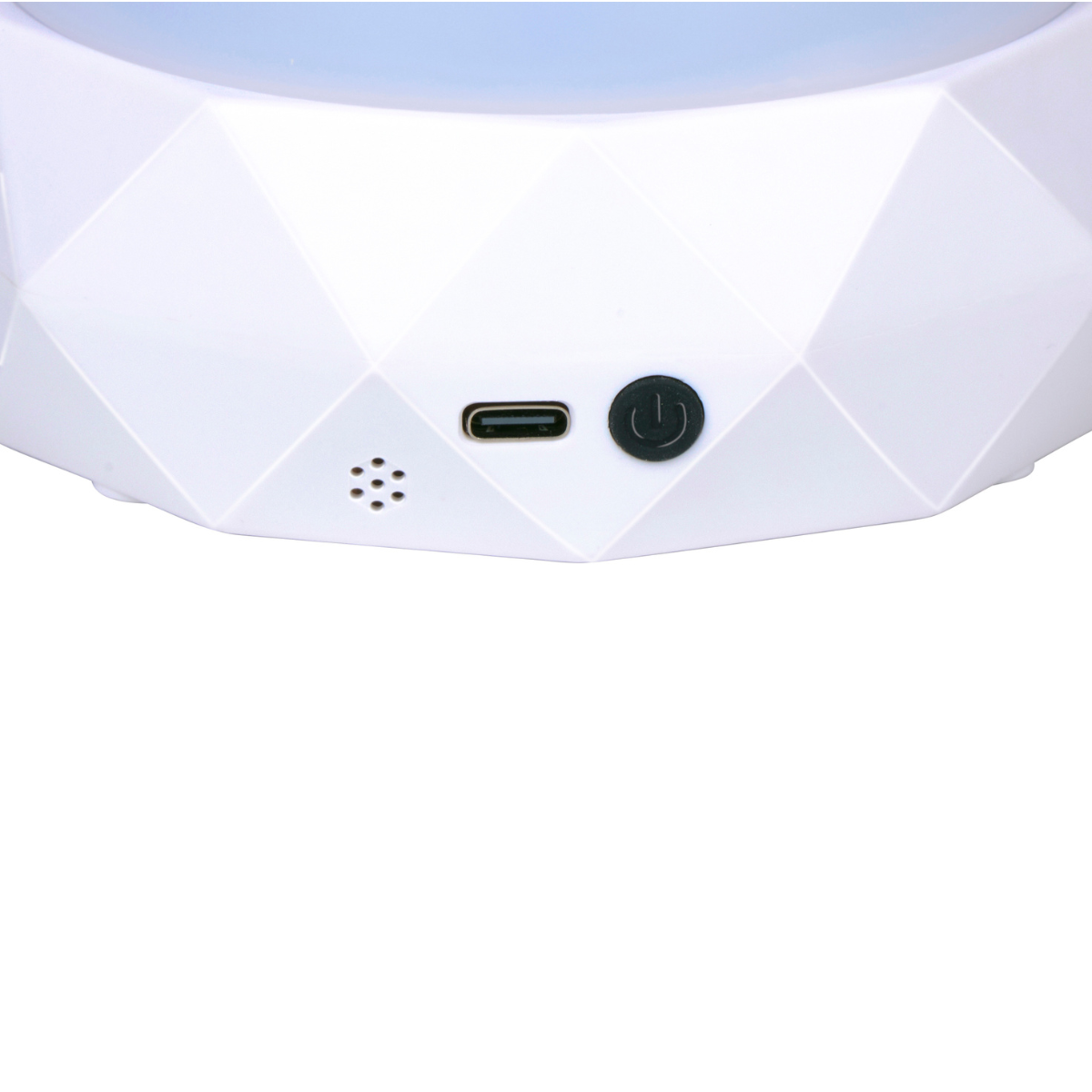 A white object with a USB-C port, speaker grille, and power button.
