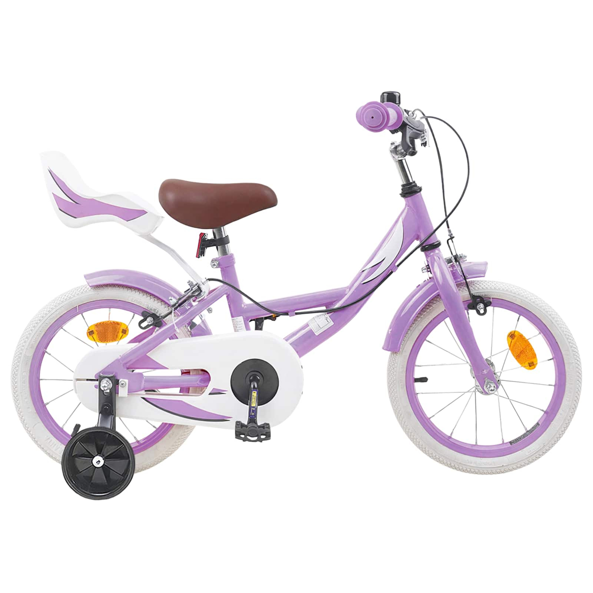 Ein lila Kinderfahrrad mit Stützrädern, braunem Sattel und weißer Rückenlehne.