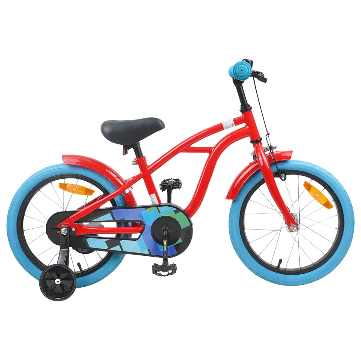 Ein rotes Kinderfahrrad mit blauen Reifen und Stützrädern.