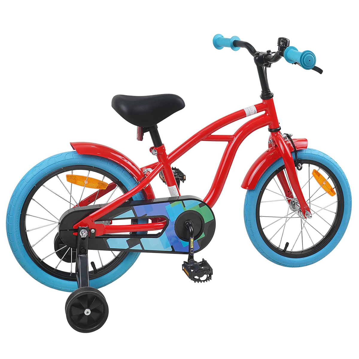 Ein rotes Kinderfahrrad mit blauen Reifen und Stützrädern.